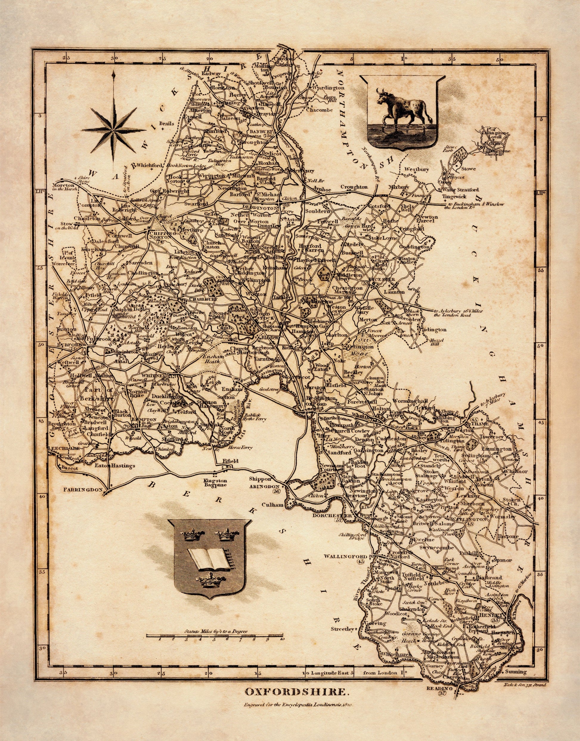 Oxfordshire in 1821 County Map - Antique Reproduction - England - UK County Map - Available Framed