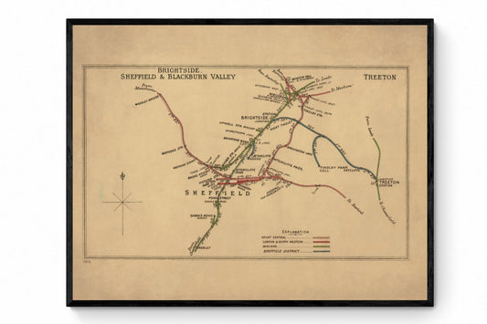 Railway Map - Brightside, Sheffield & Blackburn Valley 1912-14 - Antique Reproduction - Yorkshire - Lancashire - Available Framed