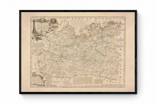 Surrey Map dated 1749 - Antique Reproduction - Emanuel Bowen - Detailed County Map - Available Framed