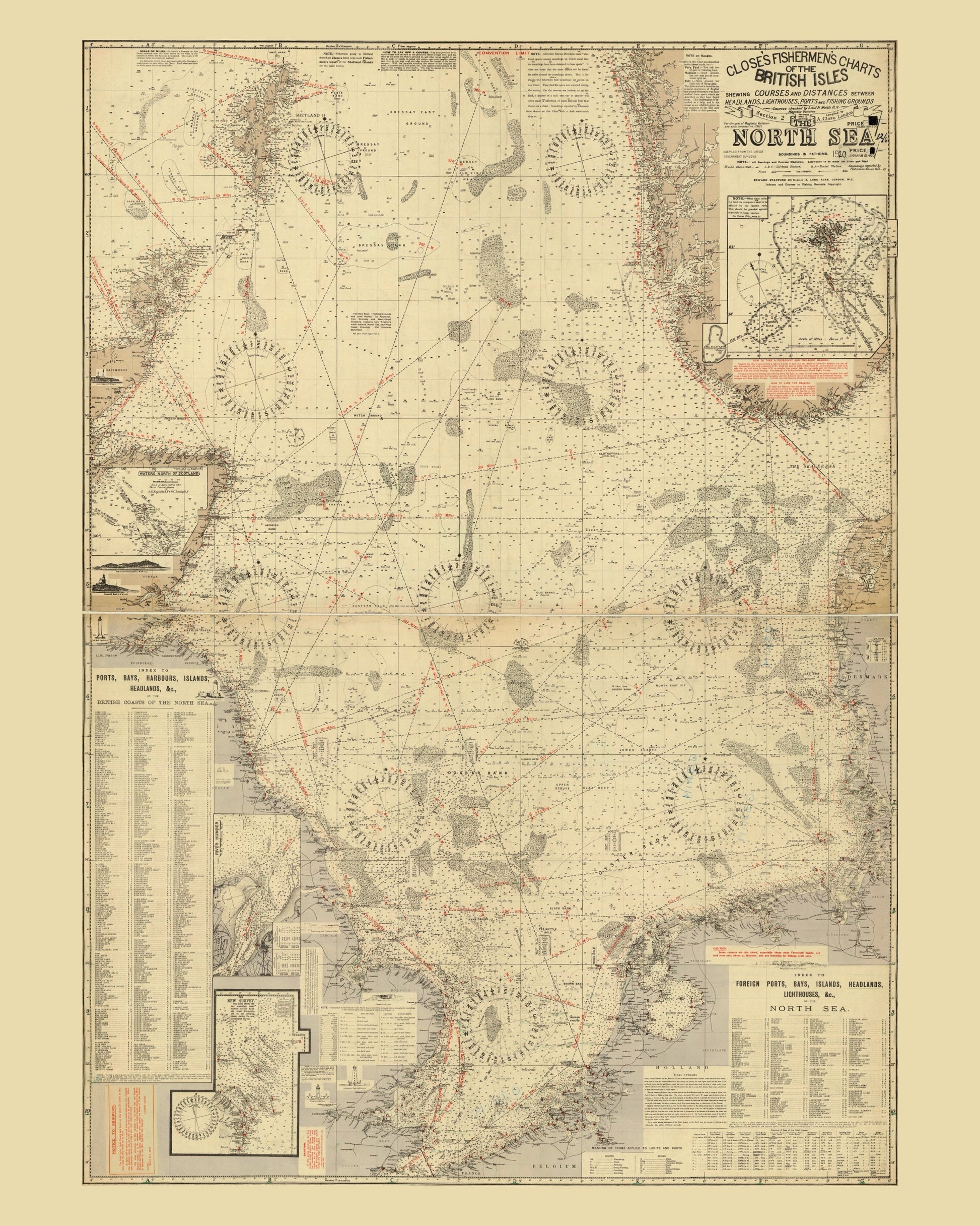 Fishermen's Chart of the North Sea Map - Antique Reproduction - dated 1920 - Fishing Map - British Isles - Available Framed