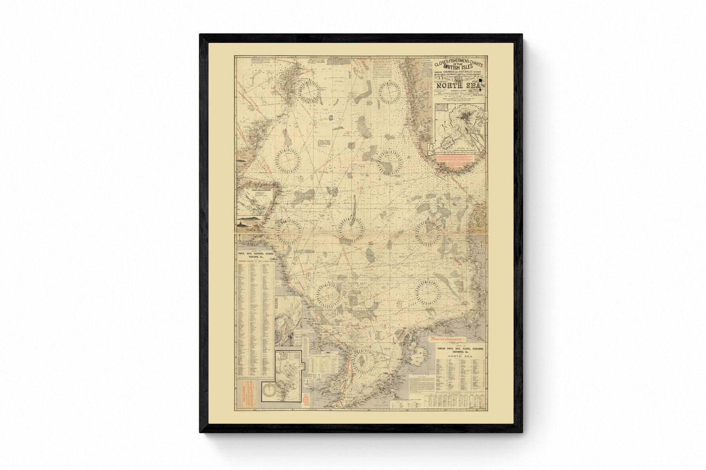 Fishermen's Chart of the North Sea Map - Antique Reproduction - dated 1920 - Fishing Map - British Isles - Available Framed