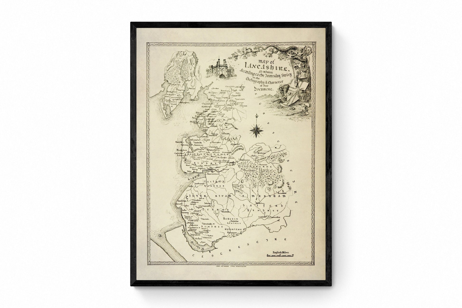 Domesday Map of Lancashire - 1086 AD - Antique Reproduction - Drawn according to the Domesday Survey in 1888 - Available Framed