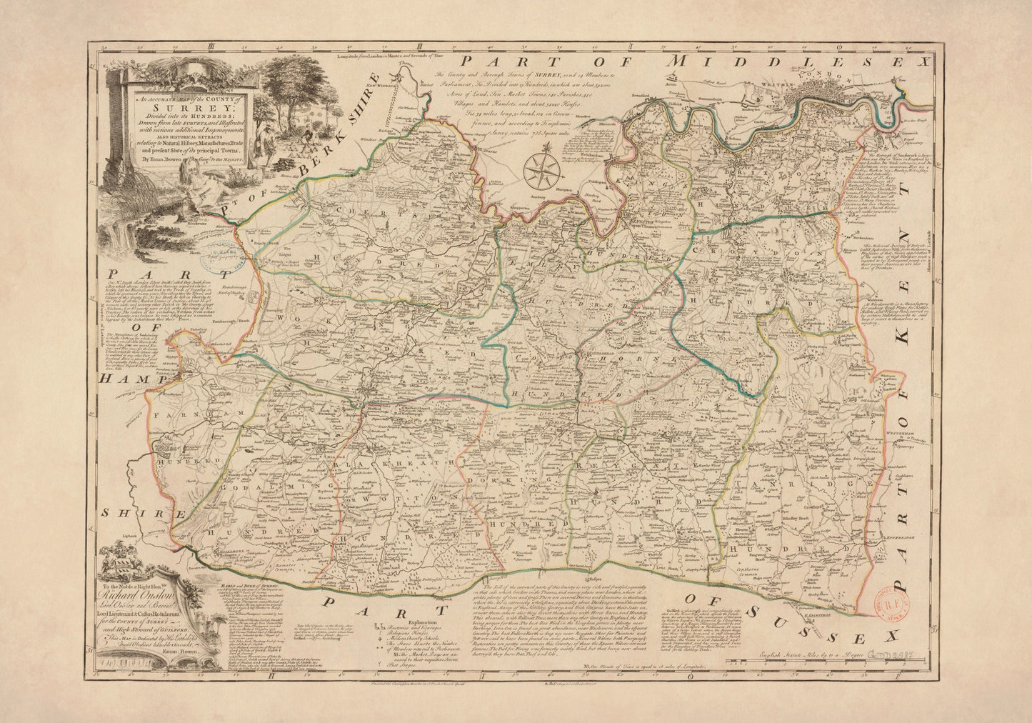 Surrey Map dated 1749 - Antique Reproduction - Emanuel Bowen - Detailed County Map - Available Framed