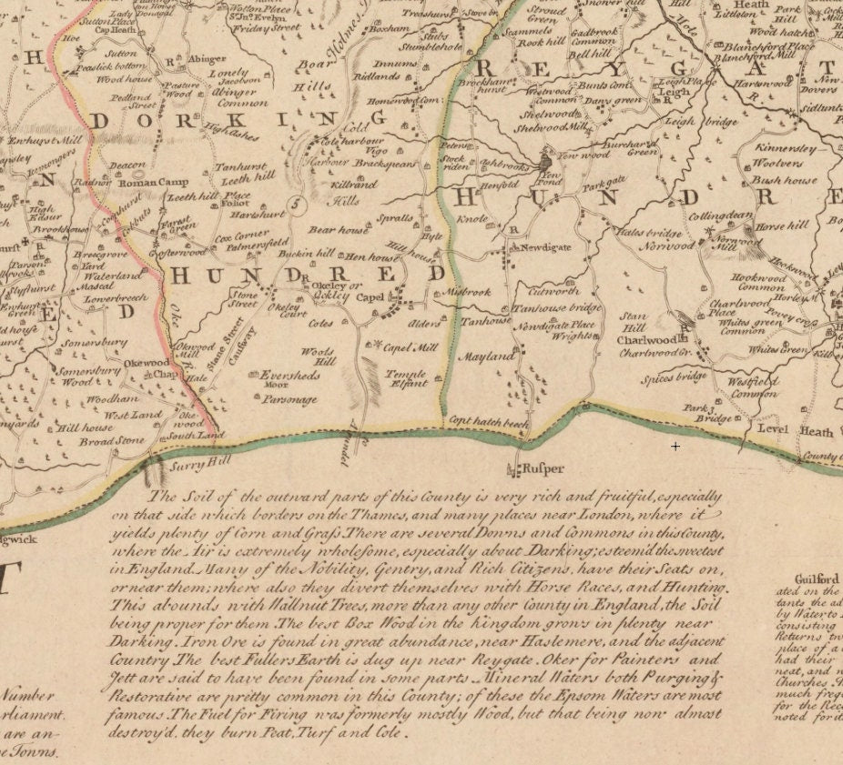 Surrey Map dated 1749 - Antique Reproduction - Emanuel Bowen - Detailed County Map - Available Framed