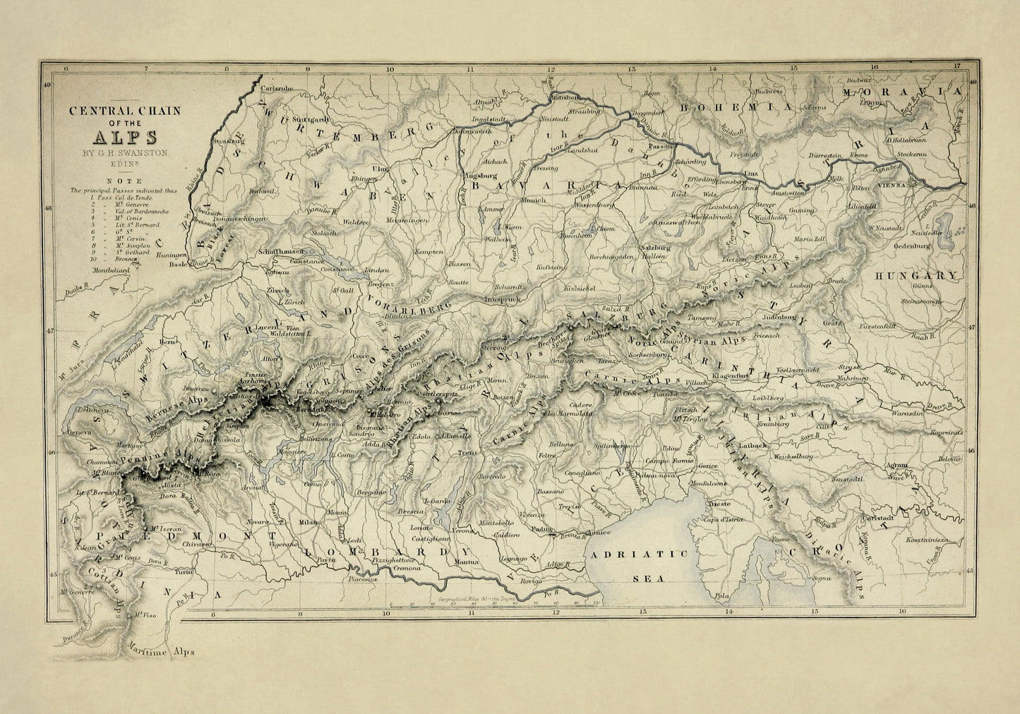 Central Chain of the Alps Map dated 1871 - Antique Reproduction - Mountain Pass - Switzerland - Austria - Italy - France - Available Framed