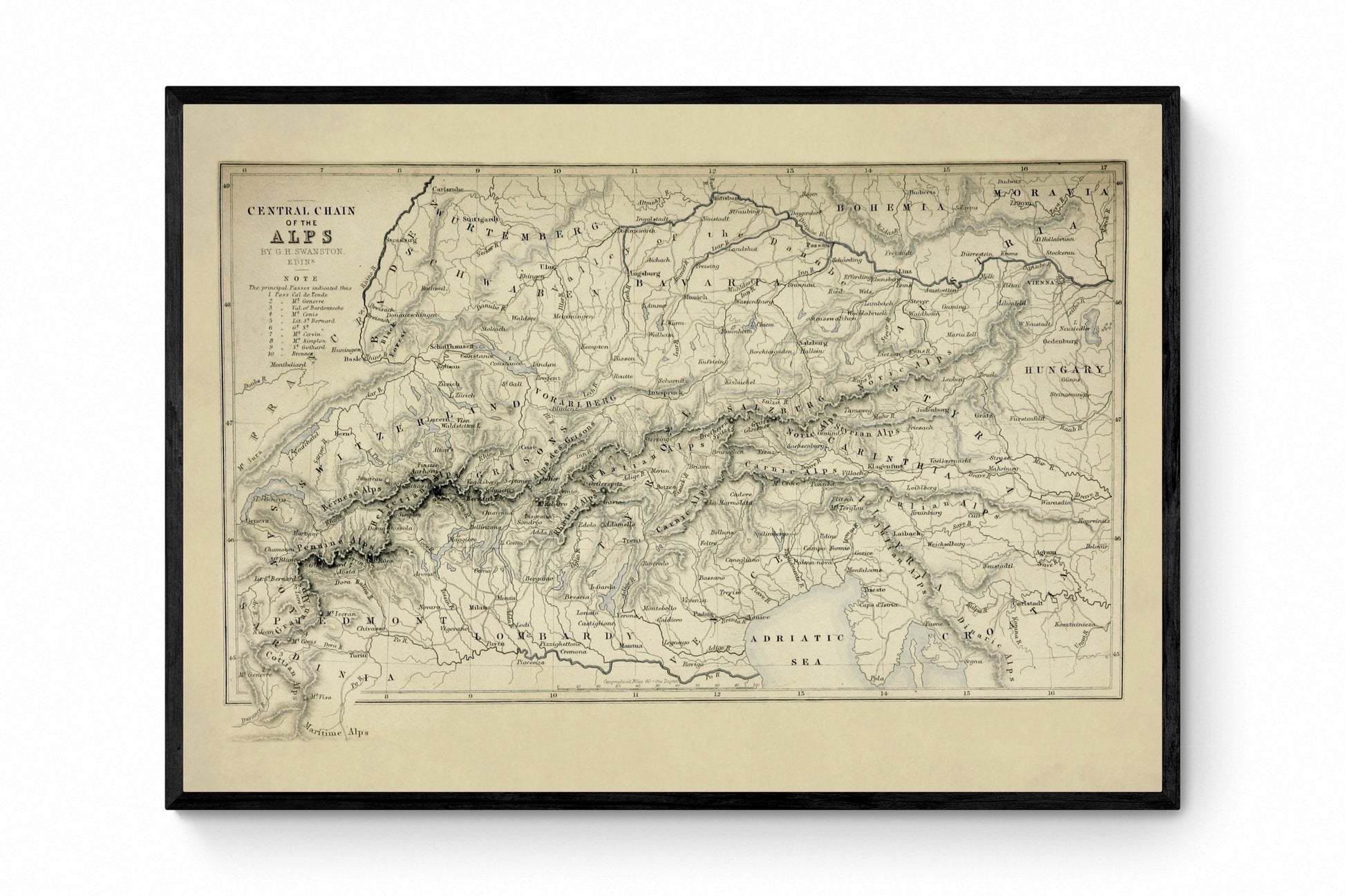 Central Chain of the Alps Map dated 1871 - Antique Reproduction - Mountain Pass - Switzerland - Austria - Italy - France - Available Framed