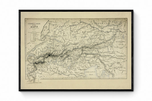 Central Chain of the Alps Map dated 1871 - Antique Reproduction - Mountain Pass - Switzerland - Austria - Italy - France - Available Framed