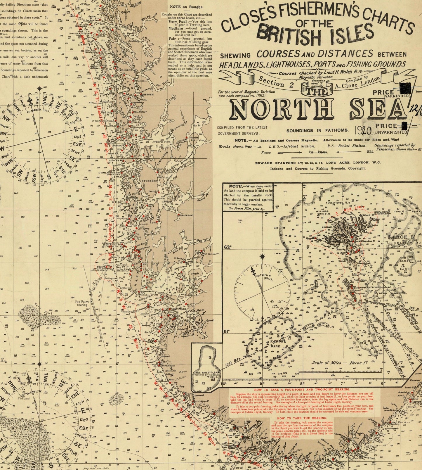 Fishermen's Chart of the North Sea Map - Antique Reproduction - dated 1920 - Fishing Map - British Isles - Available Framed