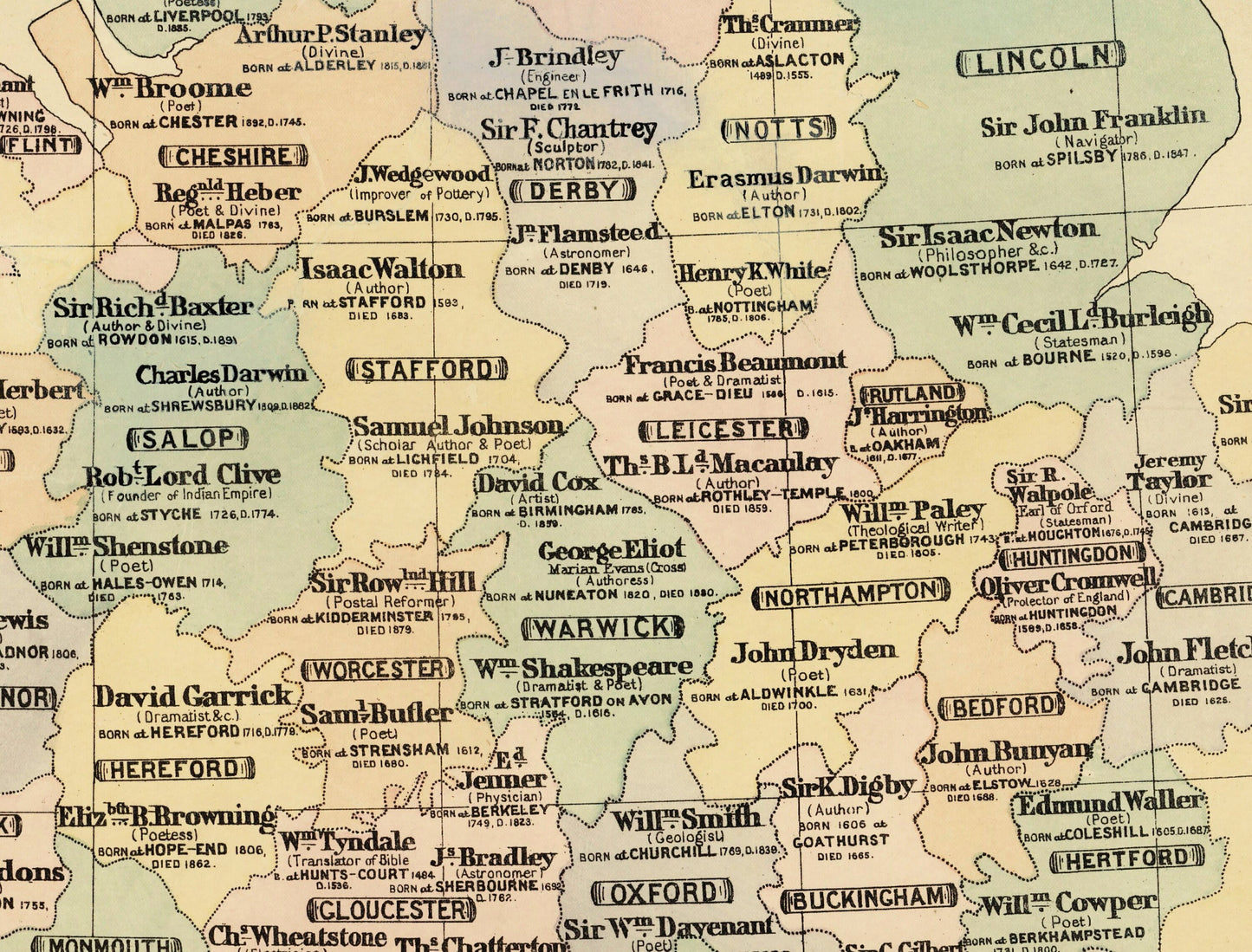 Biographical Map of the British Isles Map showing Authors, Poets, Statesmen, etc - Antique Reproduction - Britain Map - Available Framed