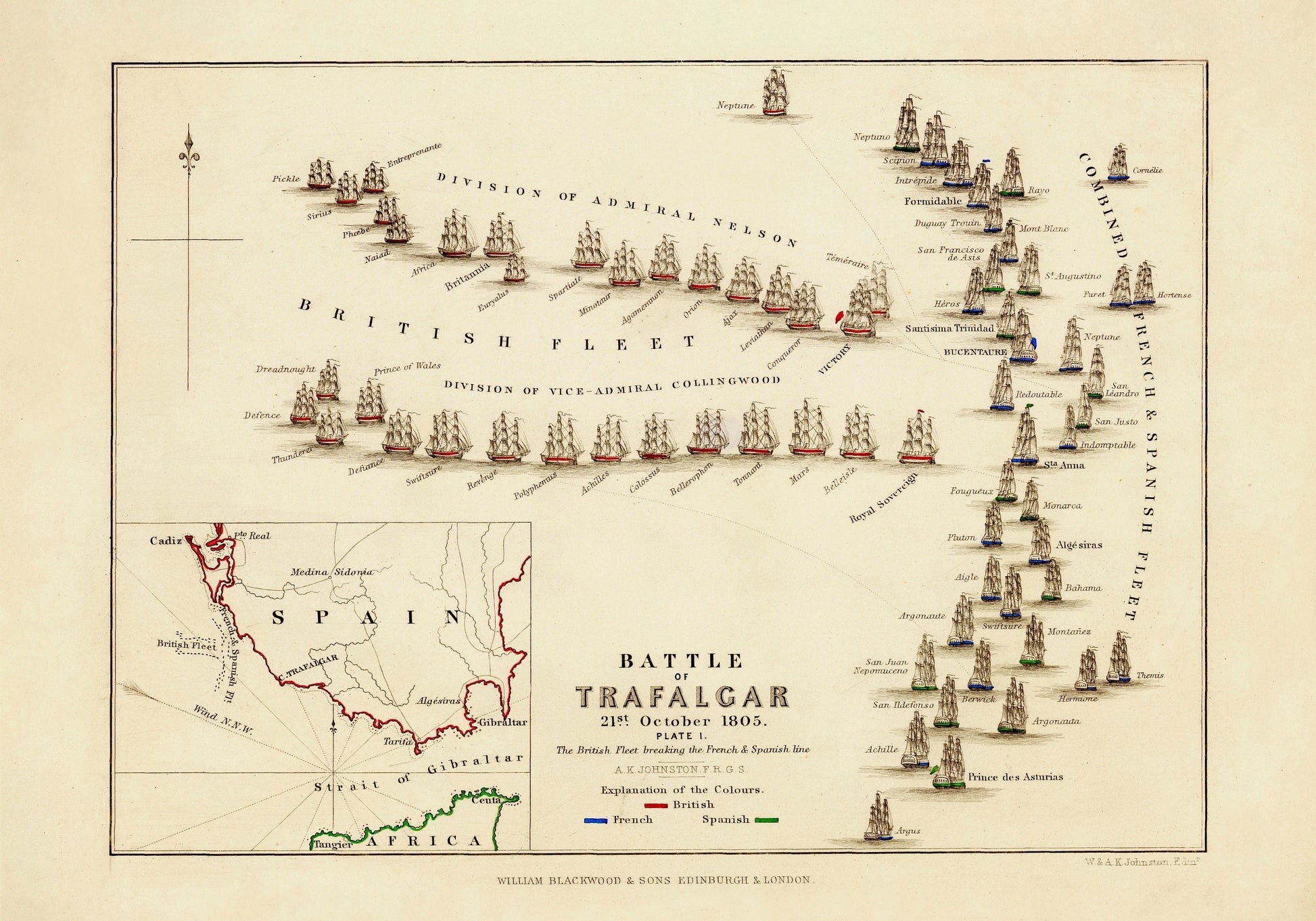 Battle of Trafalgar Map showing positions in Battle - Antique Reproduction - Naval Military History - Vintage Wall Map - Available Framed