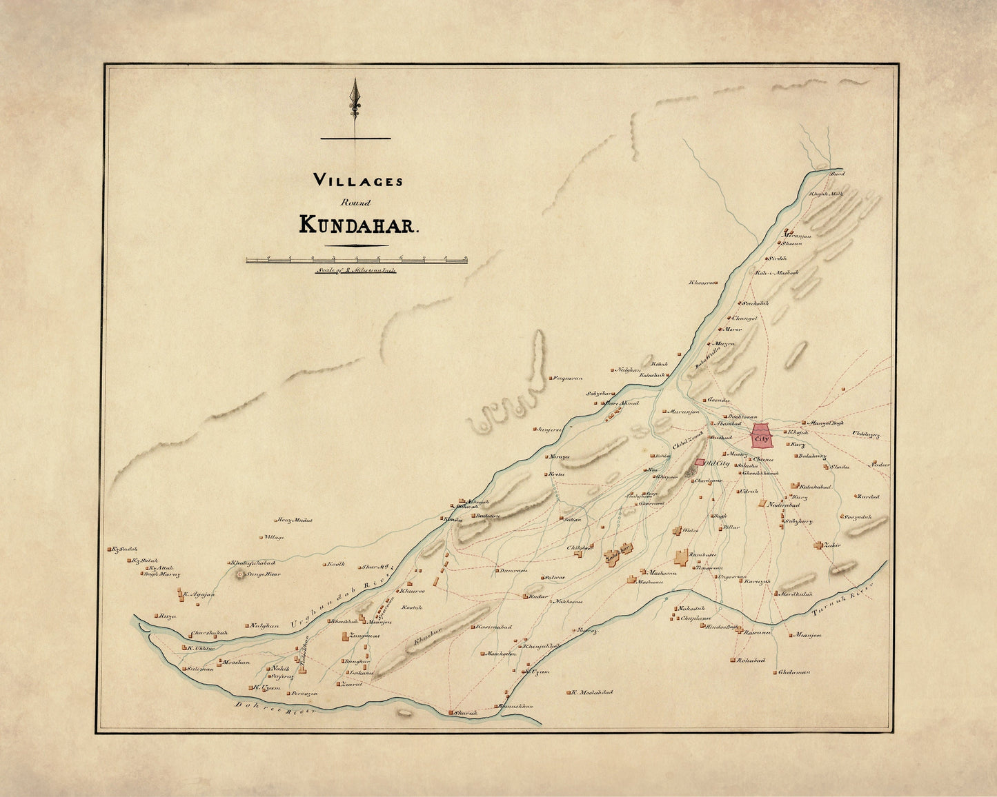 Villages round Kundahar - Kandahar, Afghanistan - Map dated 1840 - Antique Reproduction - Available Framed