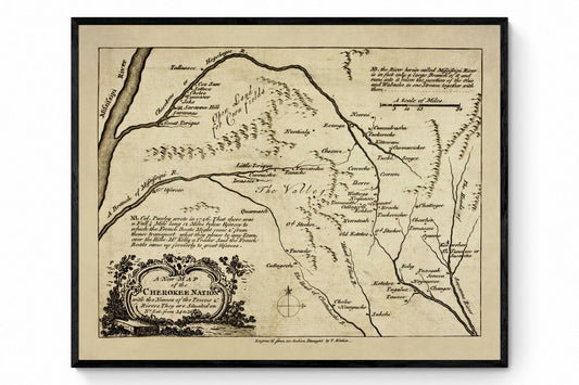 Cherokee Nation Map dated 1760 - Antique Reproduction - Native American History - Available Framed