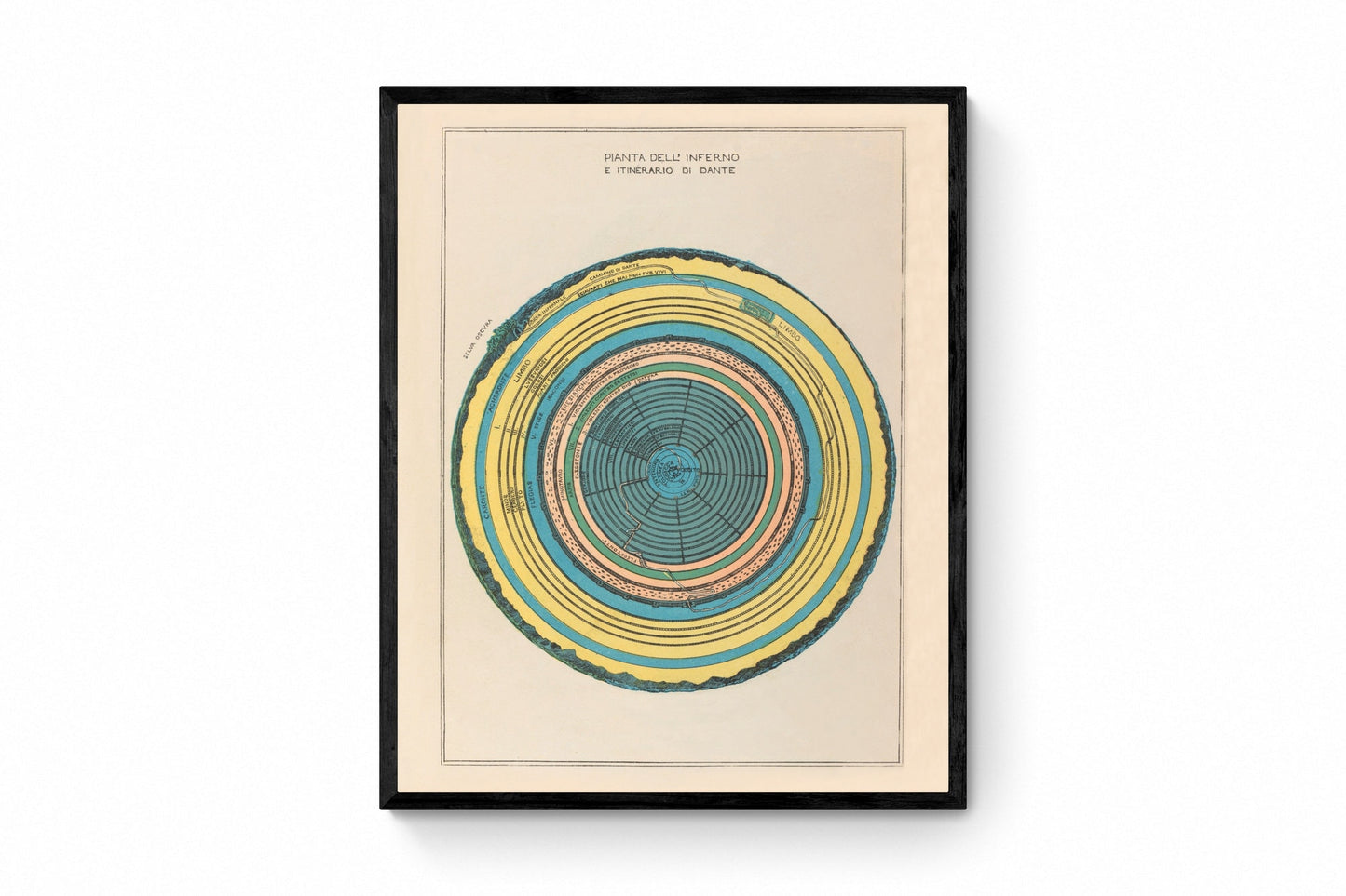 Map of Hell from Dante Alighieri's Divine Comedy - dated 1855 - Antique Reproduction - Michelangelo Caetani - Available Framed