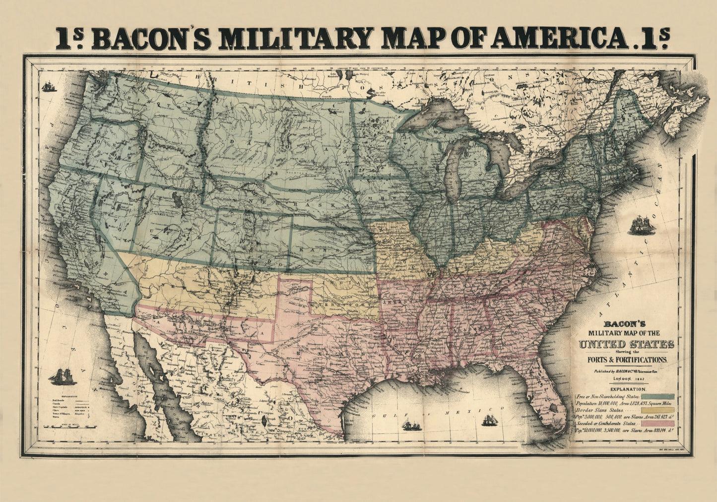 Bacon's Military Map of the United States dated 1862