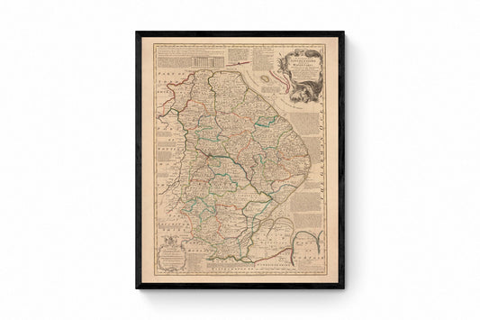 Lincolnshire Map dated 1755 - Antique Reproduction - Emanuel Bowen - Detailed County Map - Available Framed