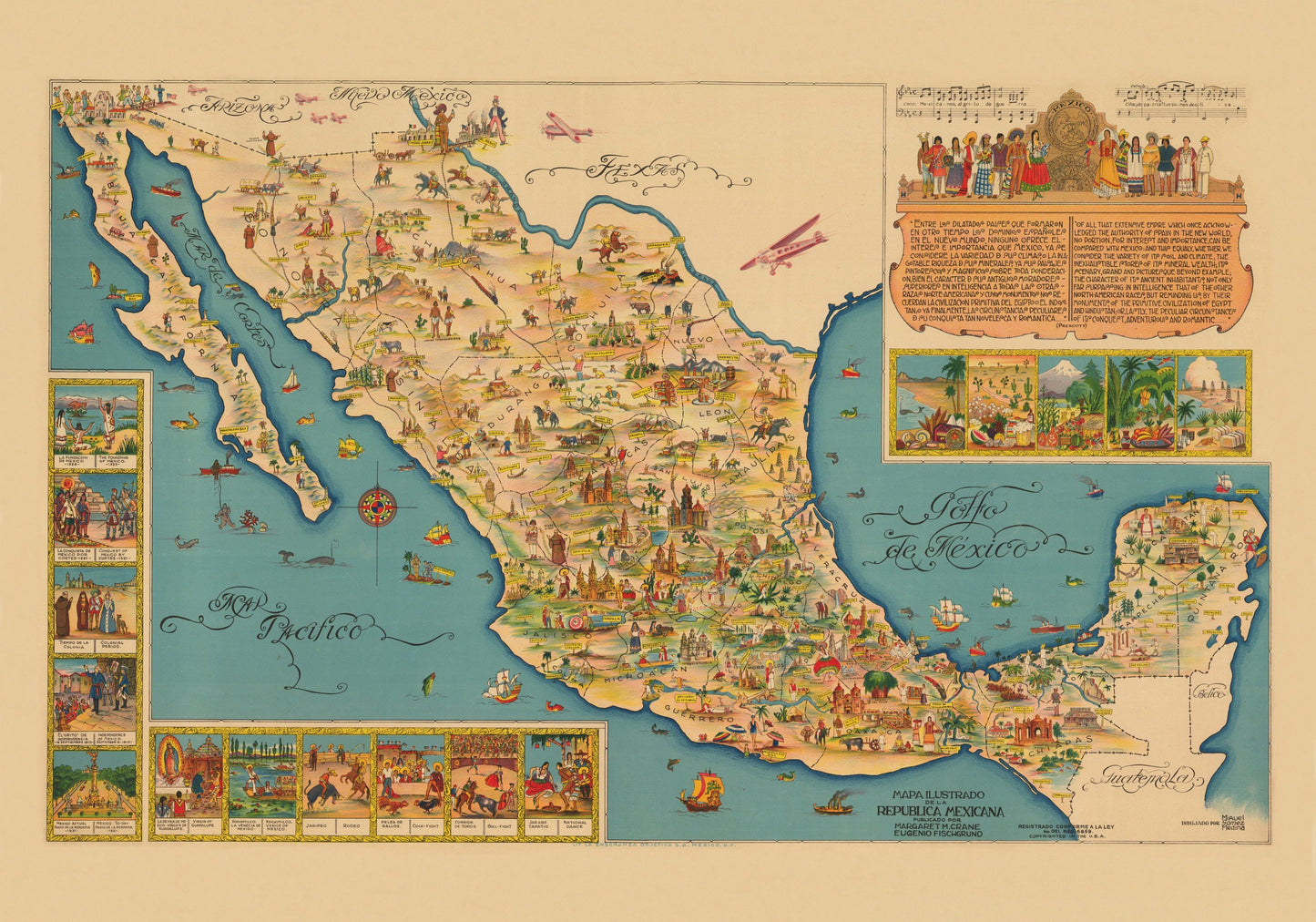 Map of Mexico - 1930s Pictorial Map - Antique Reproduction - Vintage Wall Map - Available Framed