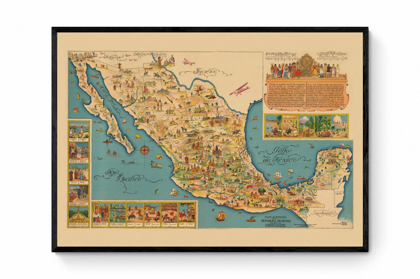 Map of Mexico - 1930s Pictorial Map - Antique Reproduction - Vintage Wall Map - Available Framed