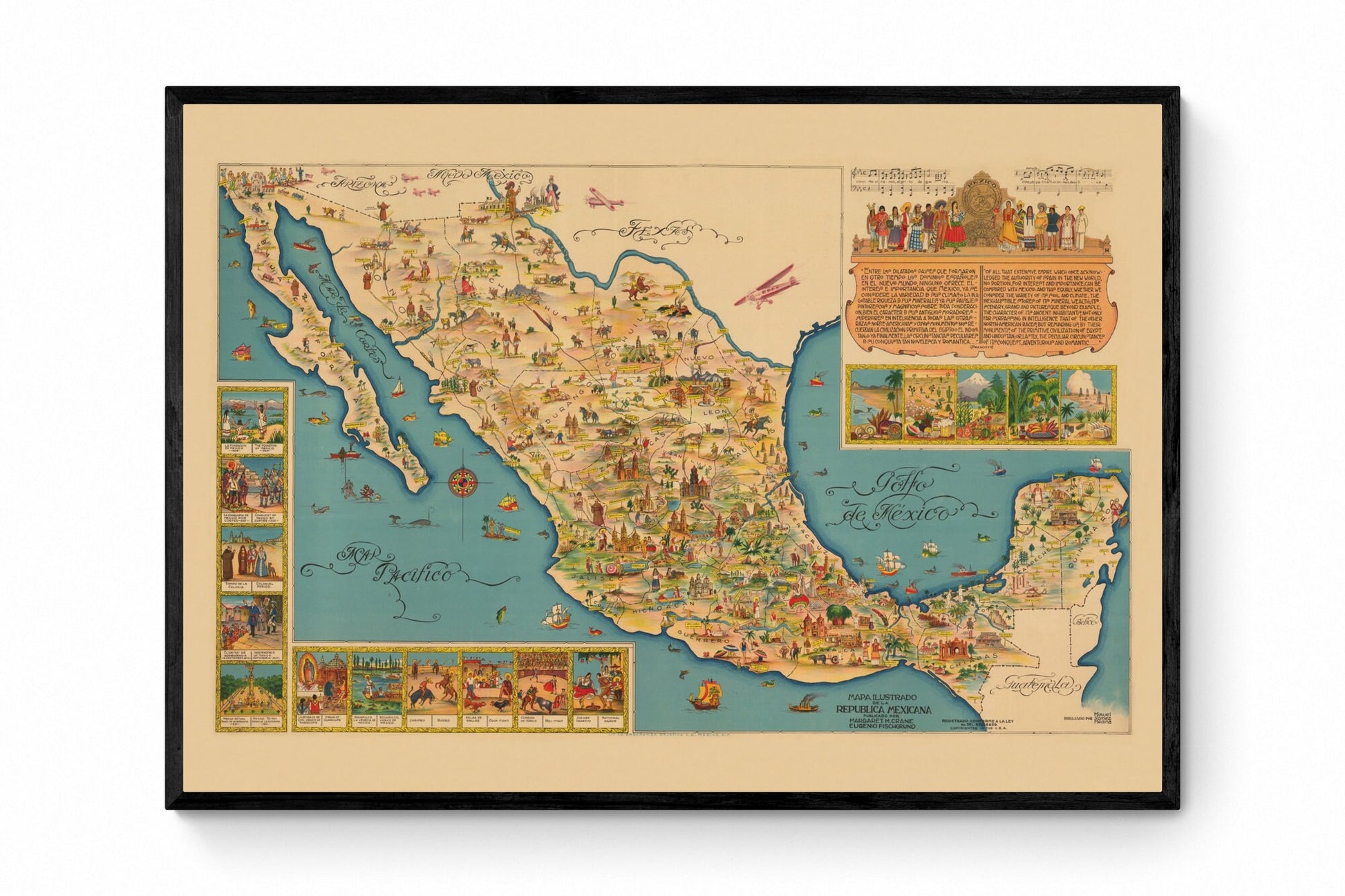 Map of Mexico - 1930s Pictorial Map - Antique Reproduction - Vintage Wall Map - Available Framed