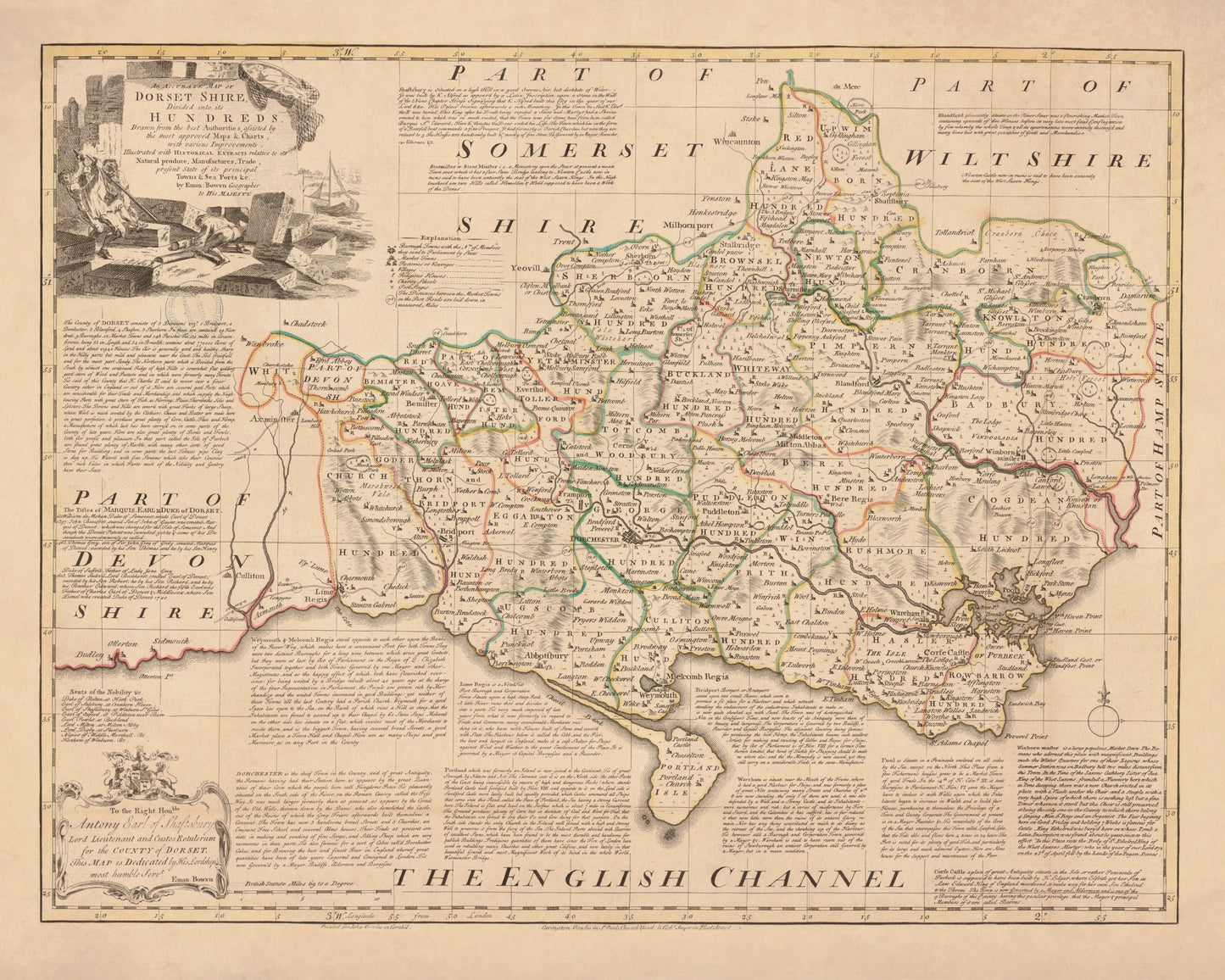 Dorsetshire Map dated 1760 - Antique Reproduction - Dorset - Emanuel Bowen - Detailed County Map - Available Framed