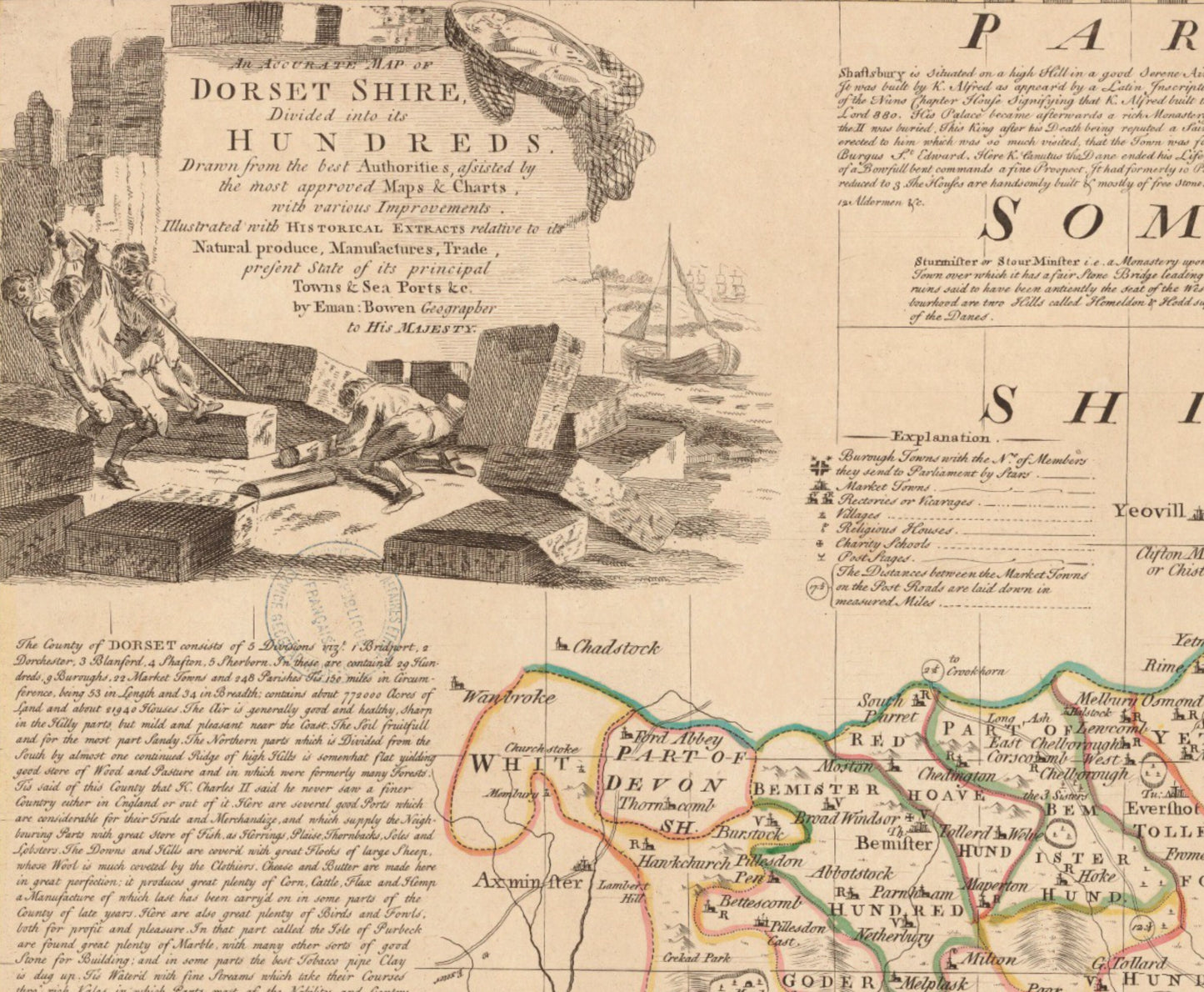 Dorsetshire Map dated 1760 - Antique Reproduction - Dorset - Emanuel Bowen - Detailed County Map - Available Framed