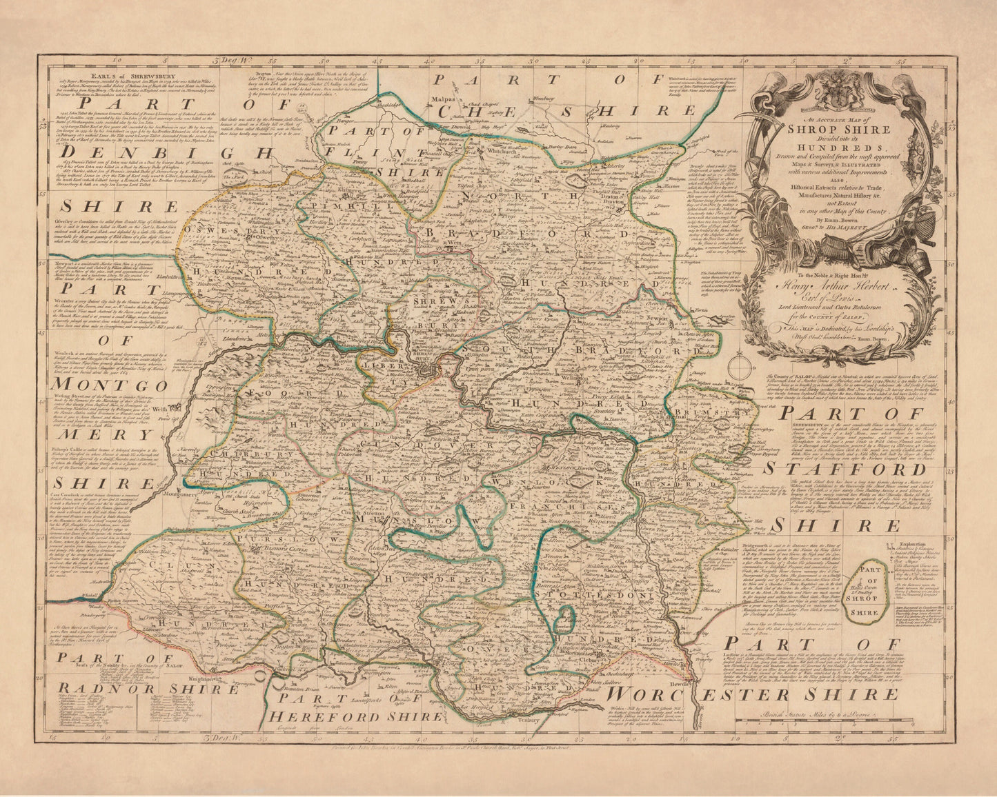 Shropshire Map dated 1760 - Antique Reproduction - Emanuel Bowen - Detailed County Map - Available Framed