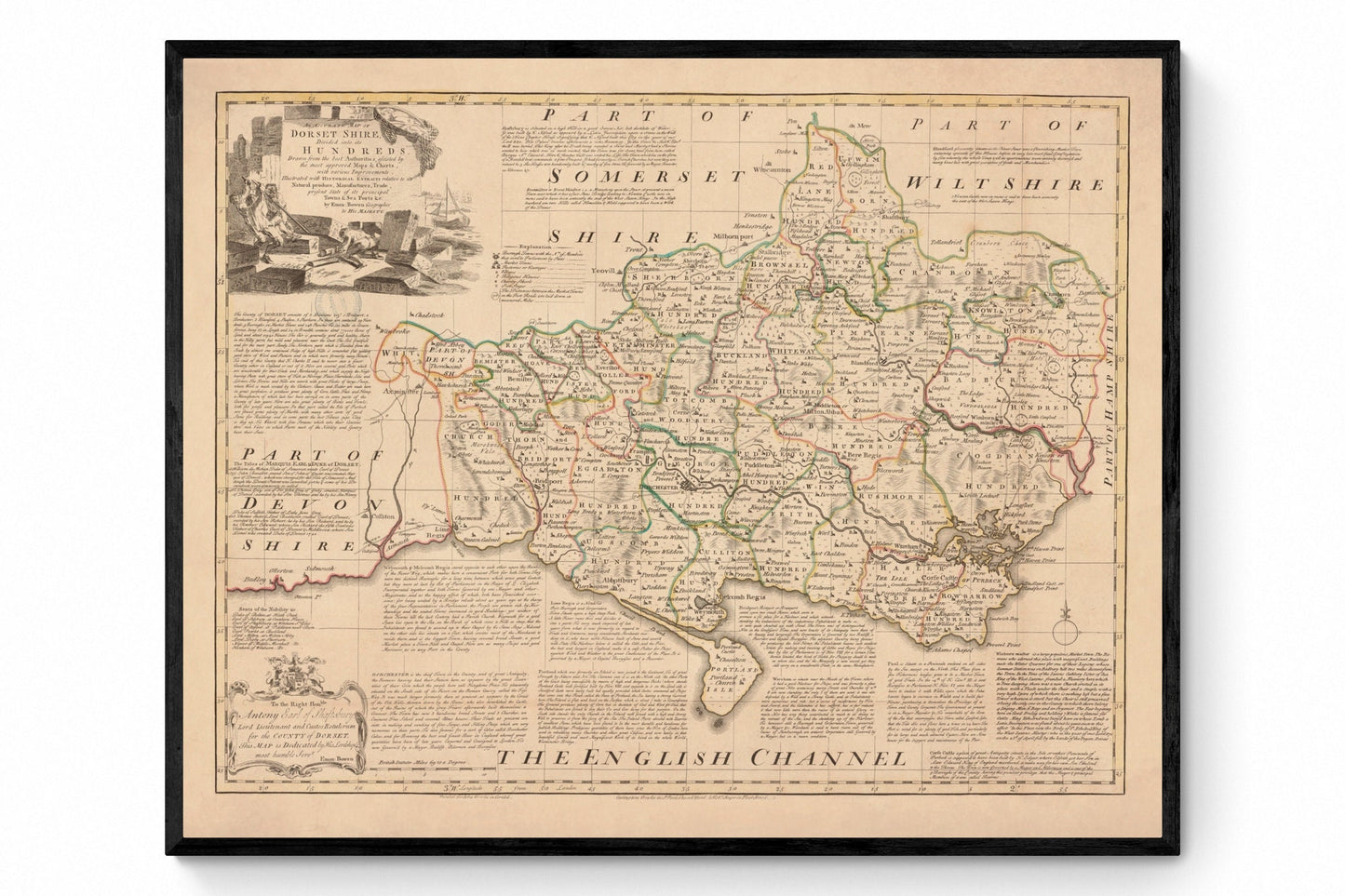 Dorsetshire Map dated 1760 - Antique Reproduction - Dorset - Emanuel Bowen - Detailed County Map - Available Framed