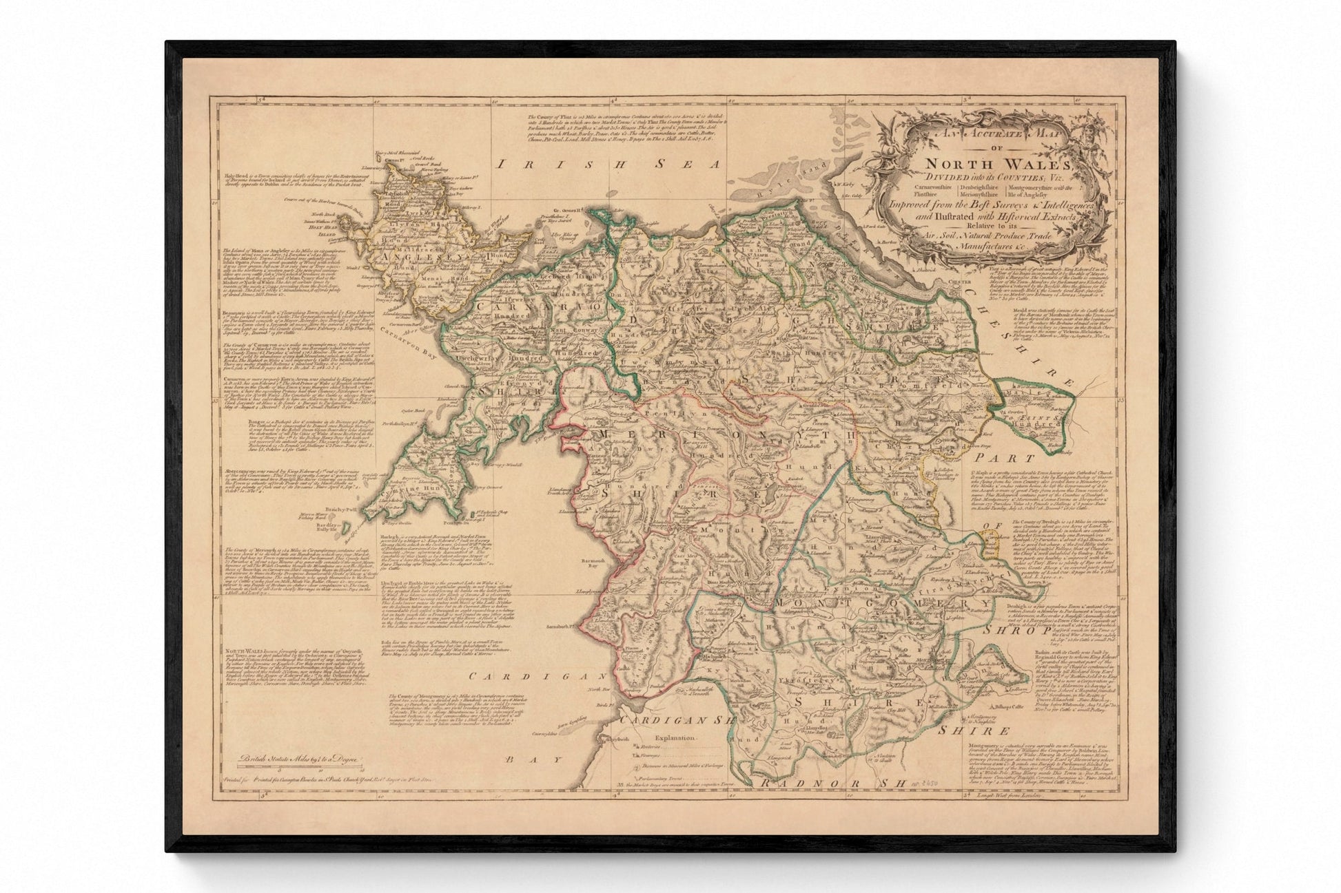 North Wales Map dated 1750 - Antique Reproduction - Emanuel Bowen - Detailed Map - Available Framed