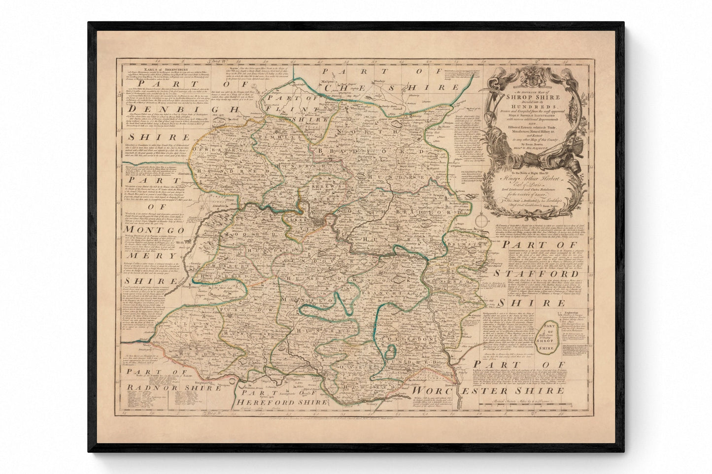 Shropshire Map dated 1760 - Antique Reproduction - Emanuel Bowen - Detailed County Map - Available Framed