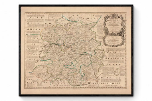 Shropshire Map dated 1760 - Antique Reproduction - Emanuel Bowen - Detailed County Map - Available Framed