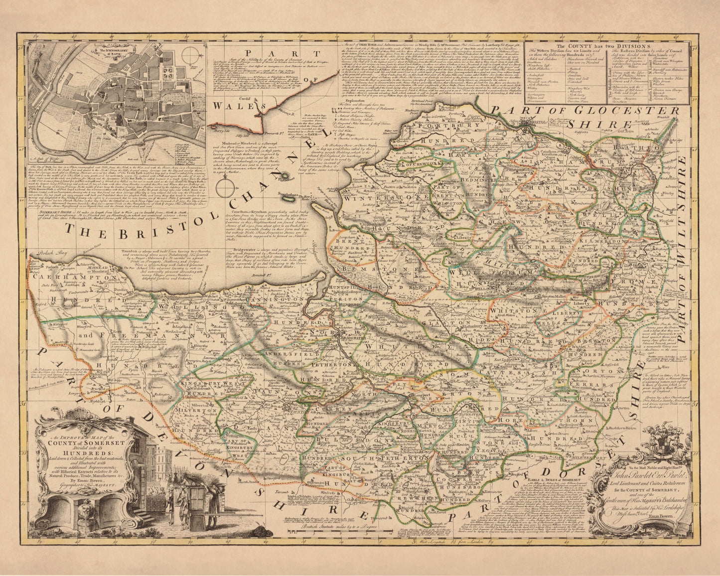 Somerset Map dated 1750 - Antique Reproduction - Emanuel Bowen - Detailed County Map - Available Framed