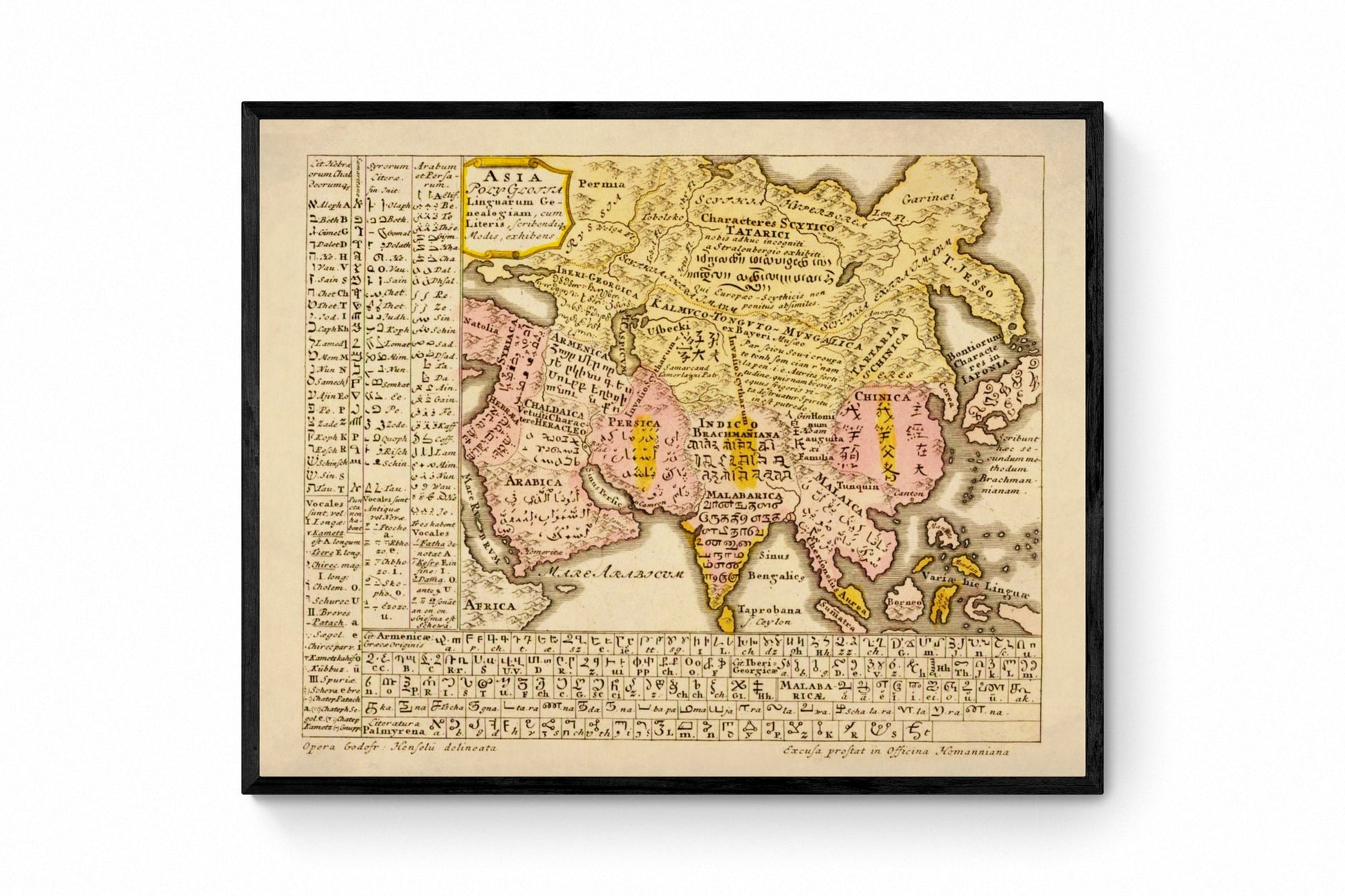 Asia Language Map dated 1746 - Distribution of Asian Languages - Linguistics - Gottfried Hensel - Antique Reproduction - Available Framed