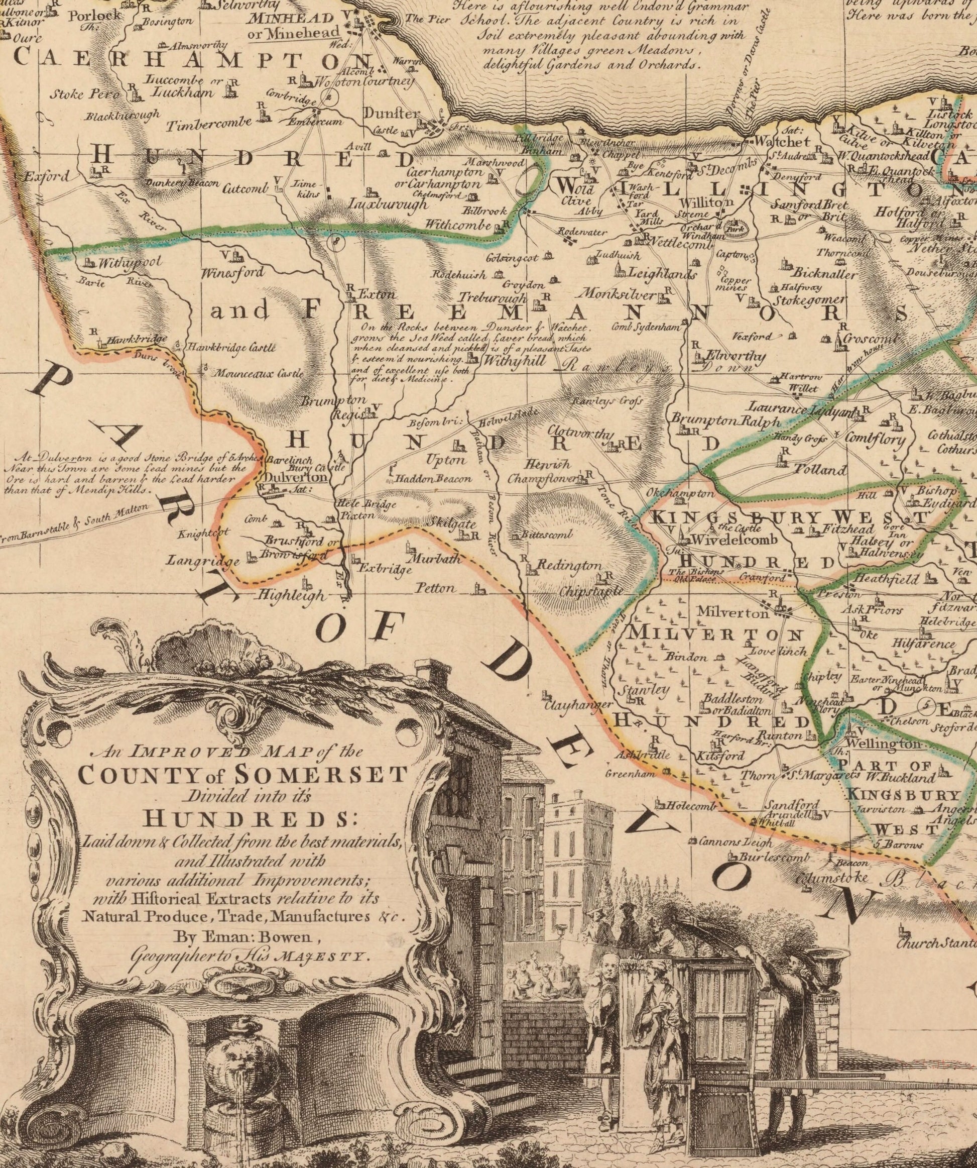 Somerset Map dated 1750 - Antique Reproduction - Emanuel Bowen - Detailed County Map - Available Framed