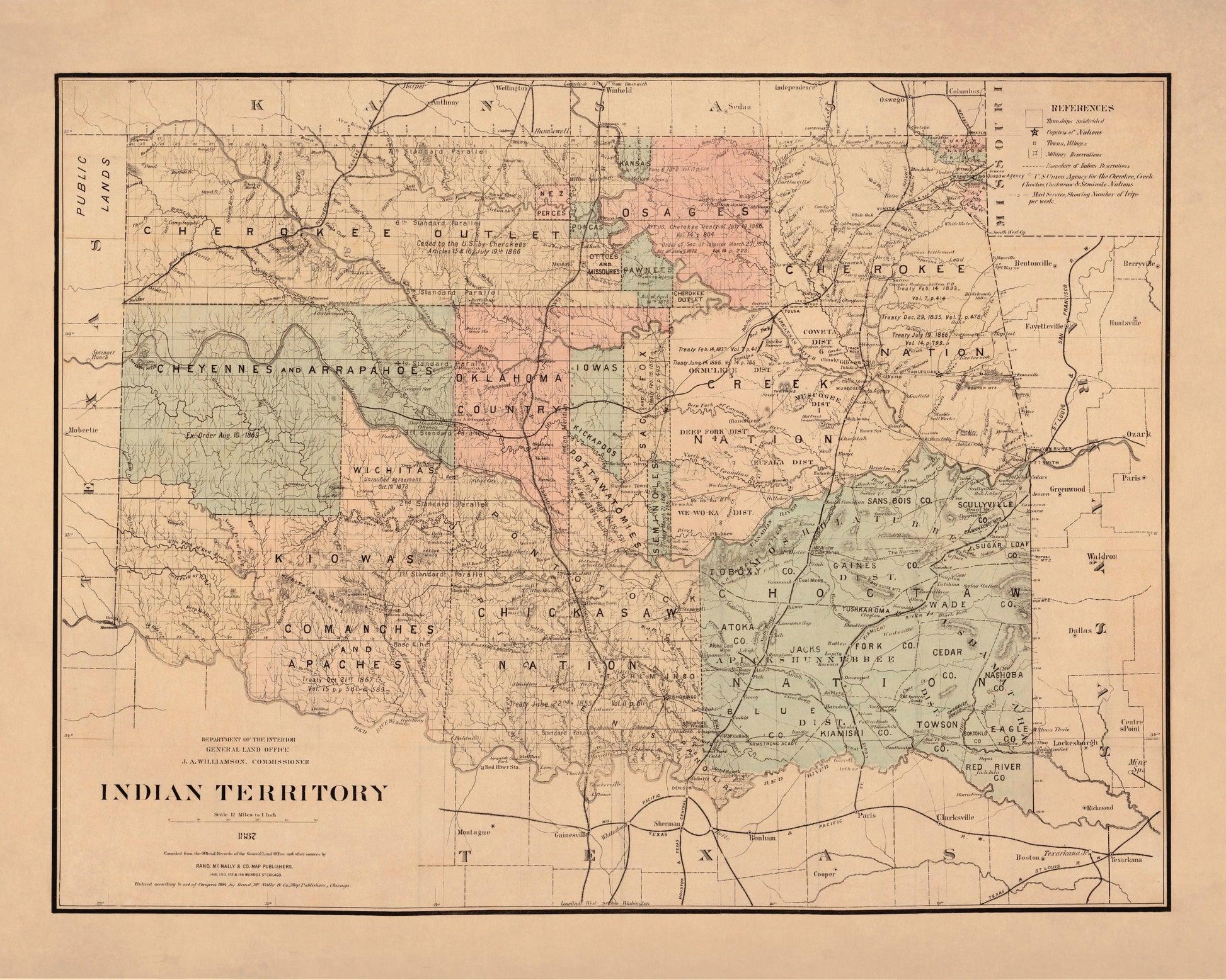 Indian Territory Map dated 1887 - Antique Reproduction - Oklahoma - United States - Native American History - Available Framed