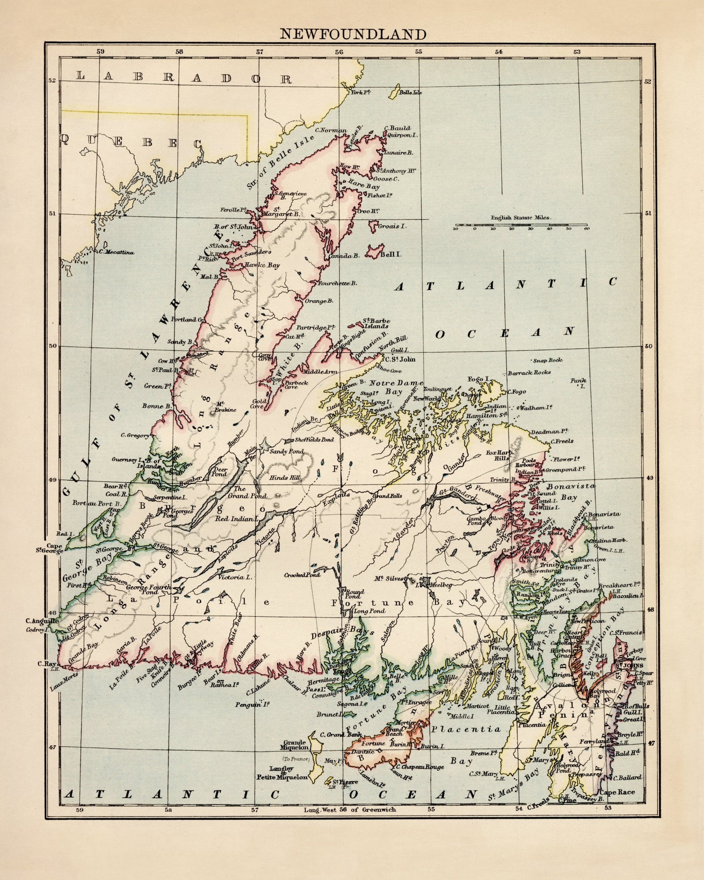 Newfoundland - Antique Reproduction Map - Geography - Canada - Available Framed