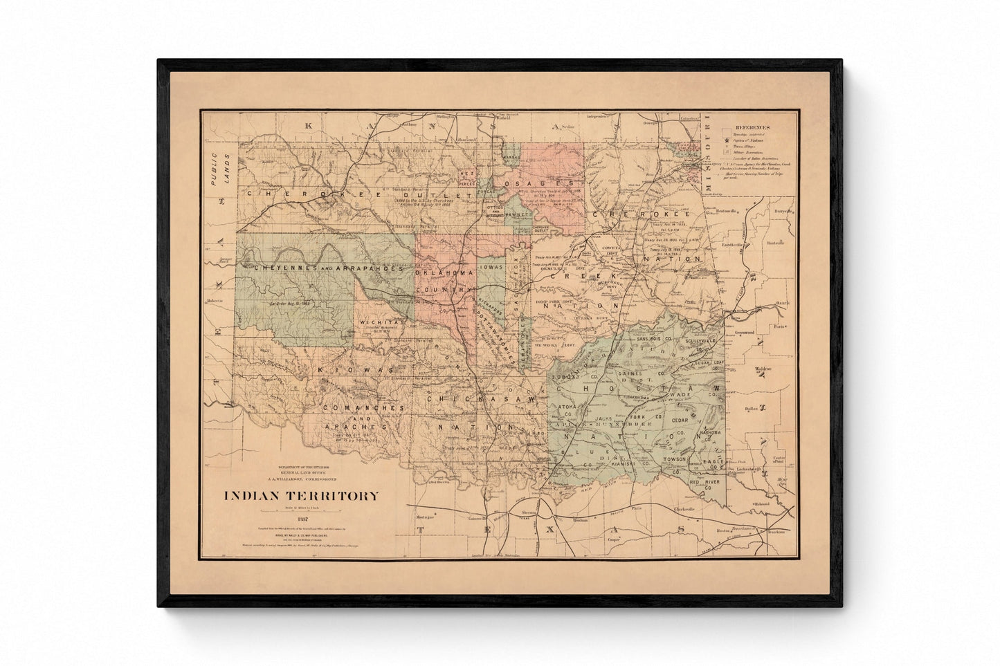 Indian Territory Map dated 1887 - Antique Reproduction - Oklahoma - United States - Native American History - Available Framed