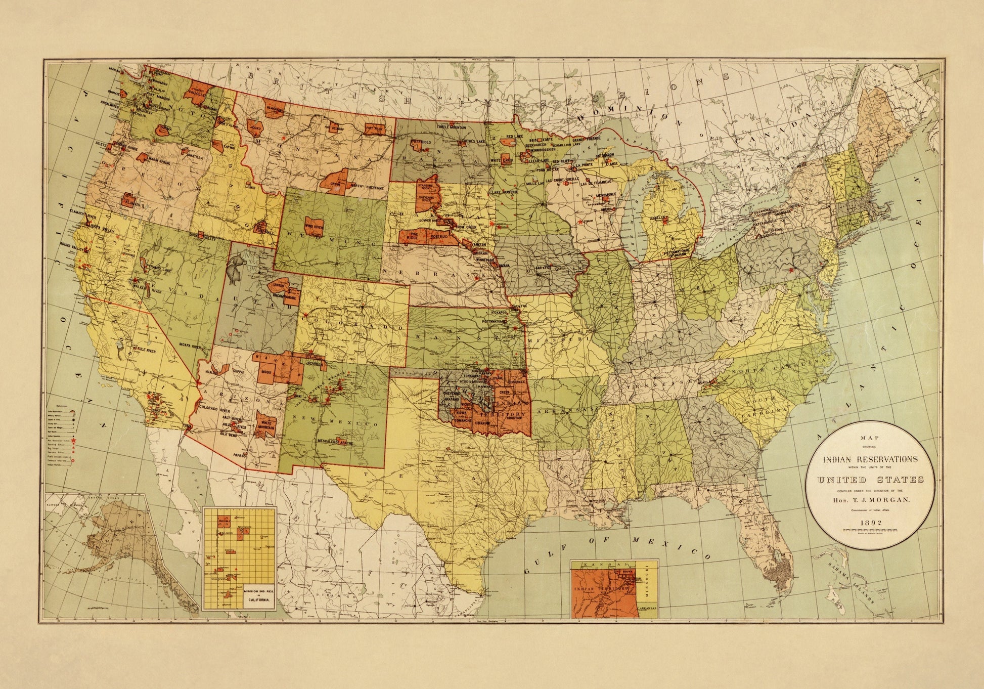 Map showing Indian Reservations within the limits of the United States dated 1892 - Antique Reproduction - Available Framed