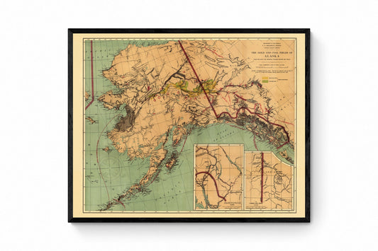 The Gold and Coal Fields of Alaska dated 1898 showing Steamer Routes and Trails - Antique Reproduction - Available Framed