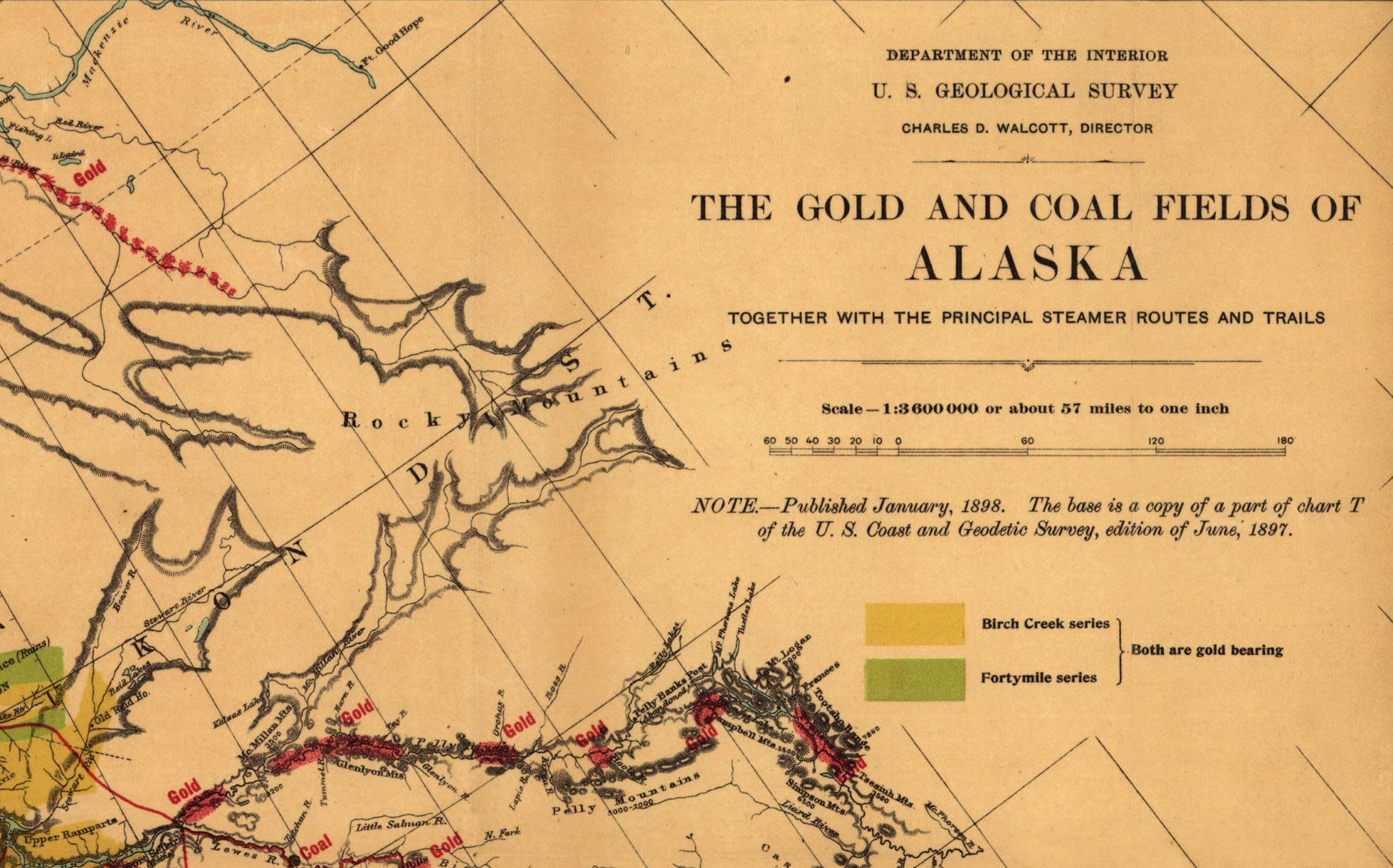 The Gold and Coal Fields of Alaska dated 1898 showing Steamer Routes and Trails - Antique Reproduction - Available Framed