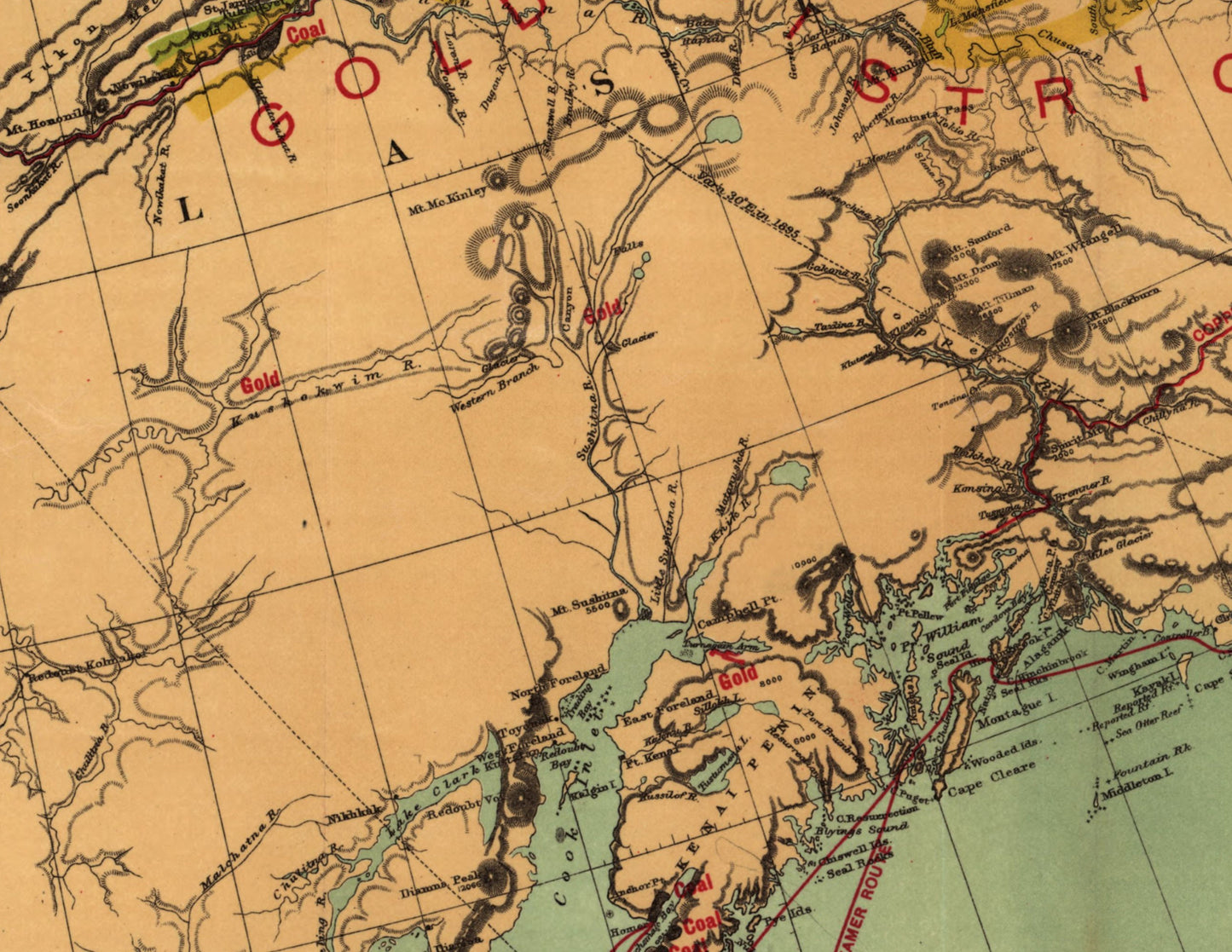 The Gold and Coal Fields of Alaska dated 1898 showing Steamer Routes and Trails - Antique Reproduction - Available Framed