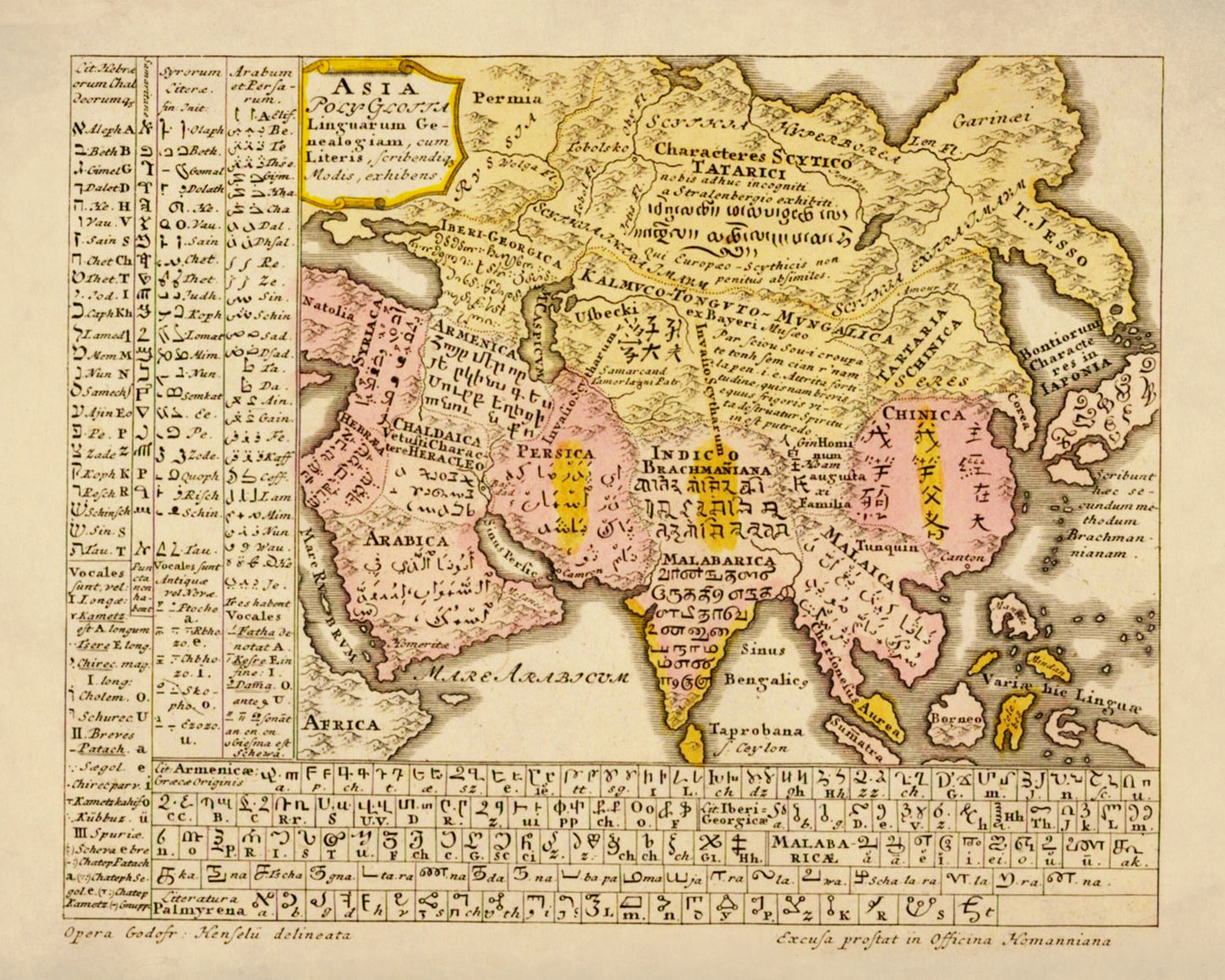 Asia Language Map dated 1746 - Distribution of Asian Languages - Linguistics - Gottfried Hensel - Antique Reproduction - Available Framed