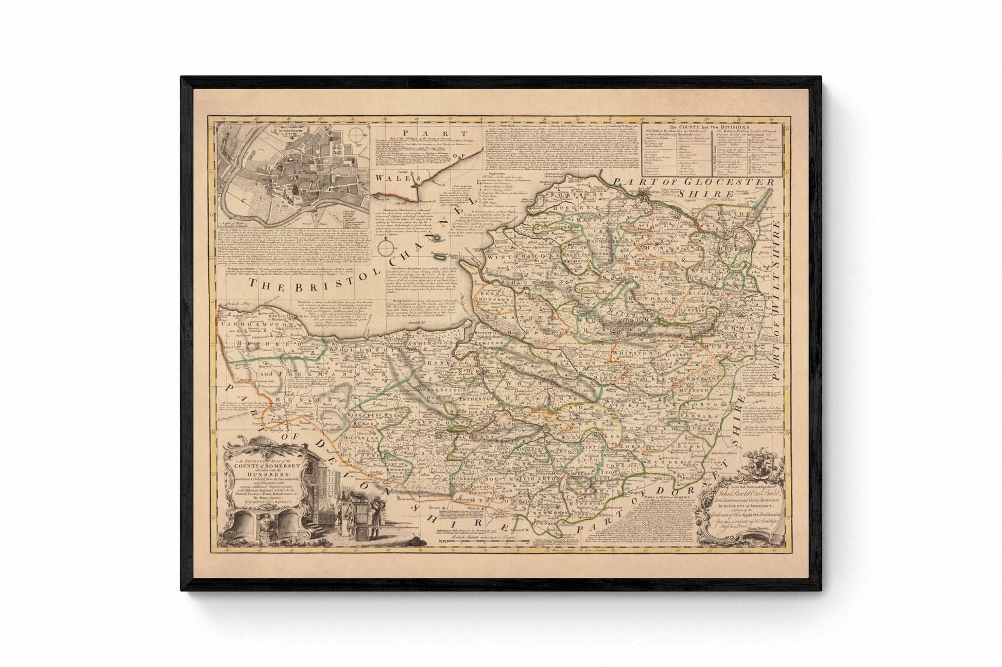 Somerset Map dated 1750 - Antique Reproduction - Emanuel Bowen - Detailed County Map - Available Framed