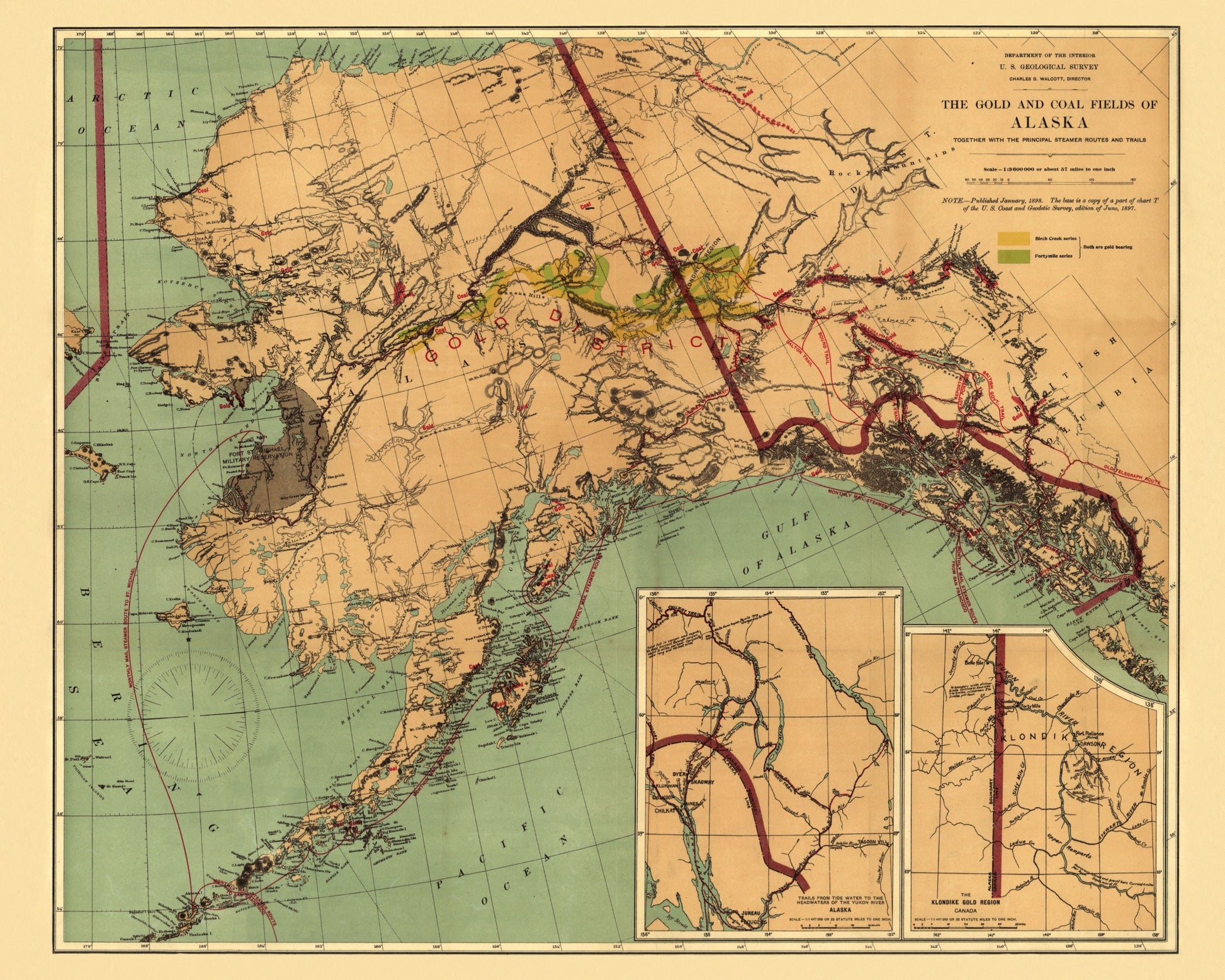 The Gold and Coal Fields of Alaska dated 1898 showing Steamer Routes and Trails - Antique Reproduction - Available Framed