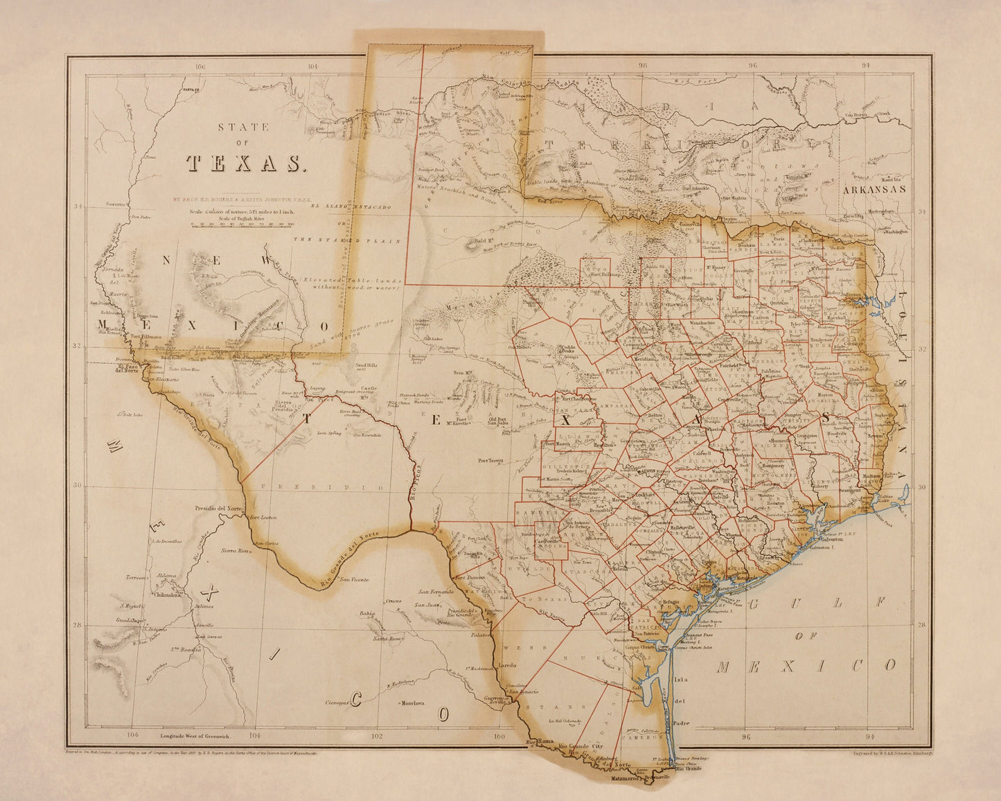 State of Texas map dated 1857 - Antique Reproduction - Available Framed