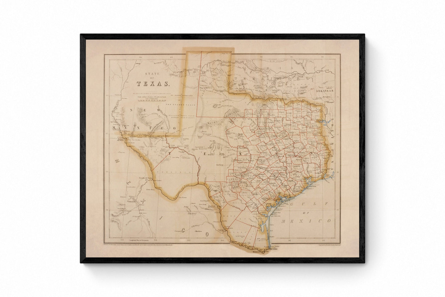 State of Texas map dated 1857 - Antique Reproduction - Available Framed