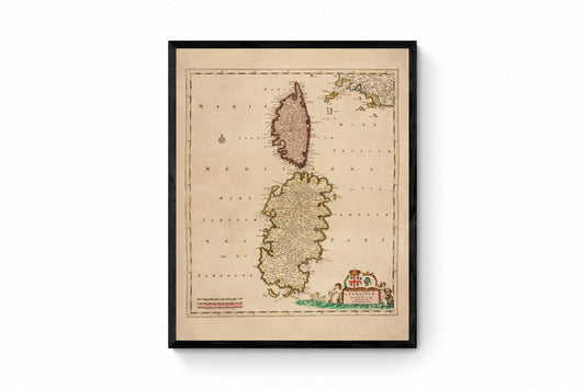 Sardinia and Corsica Map dated c. 1715 - Antique Reproduction - Italy & France - Available Framed