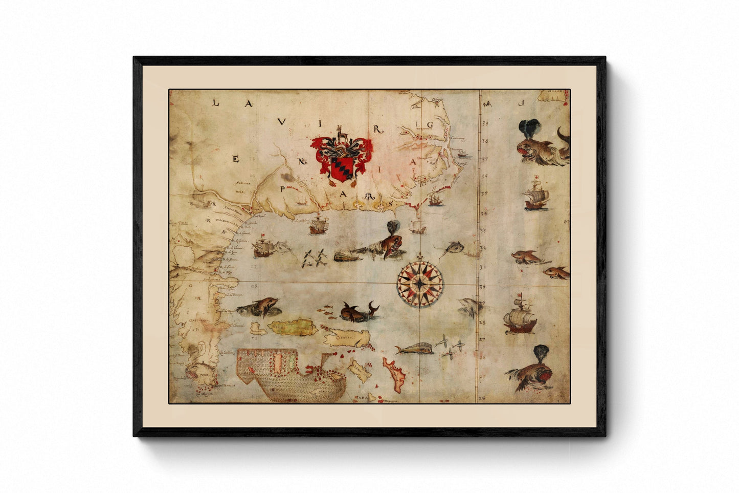 American East Coast Map dated c.1585 - Antique Reproduction - Sea Creature - Caribbean Sea - Florida - Virginia - Available Framed