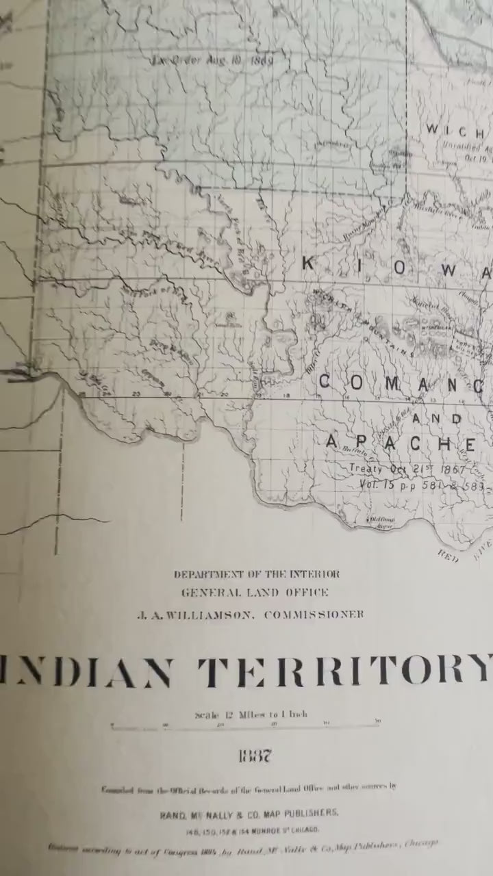 Indian Territory Map dated 1887 - Antique Reproduction - Oklahoma - United States - Native American History - Available Framed