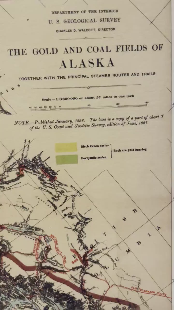 The Gold and Coal Fields of Alaska dated 1898 showing Steamer Routes and Trails  - Antique Reproduction - Available Framed