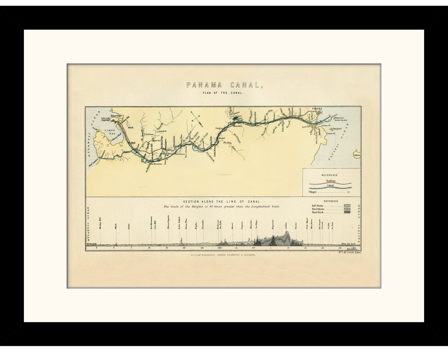 Plan of the Panama Canal showing railways, villages and rock sections along the canal