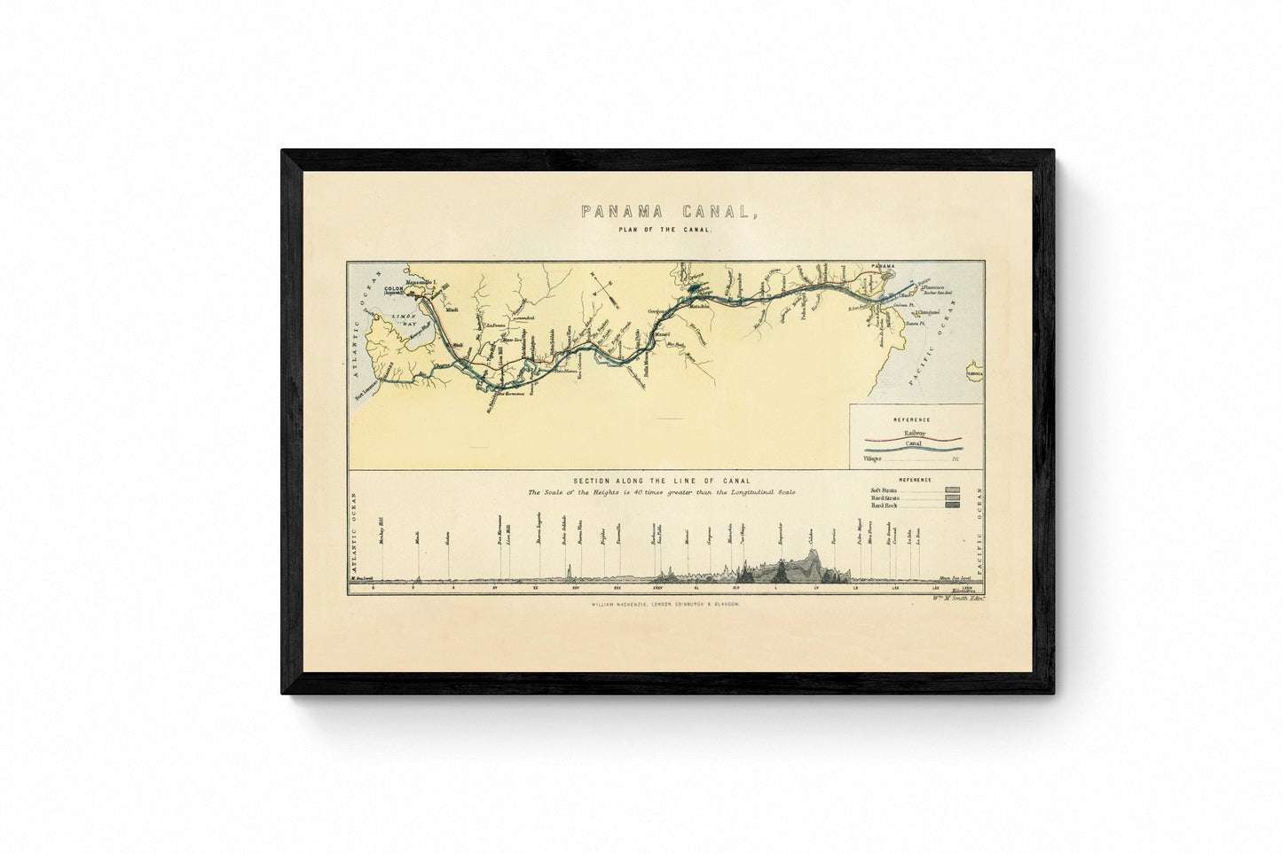 Plan of the Panama Canal showing railways, villages and rock sections along the canal